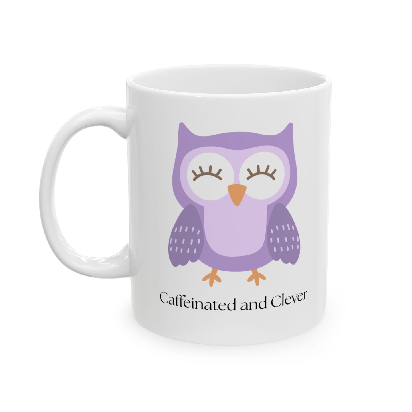 Caffeinated and Clever Mug, Cute Purple Owl Coffee Cup, Ceramic Mug for Book Lovers & Owl Fans