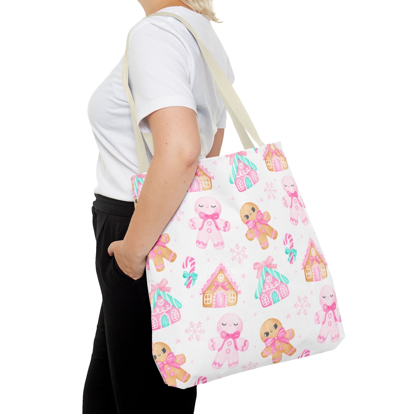 Pink Gingerbread Tote Bag | Cute Candy Cane Gift Bag, Christmas Shopping, Festive Holiday Tote, Winter Carryall, Seasonal Accessory