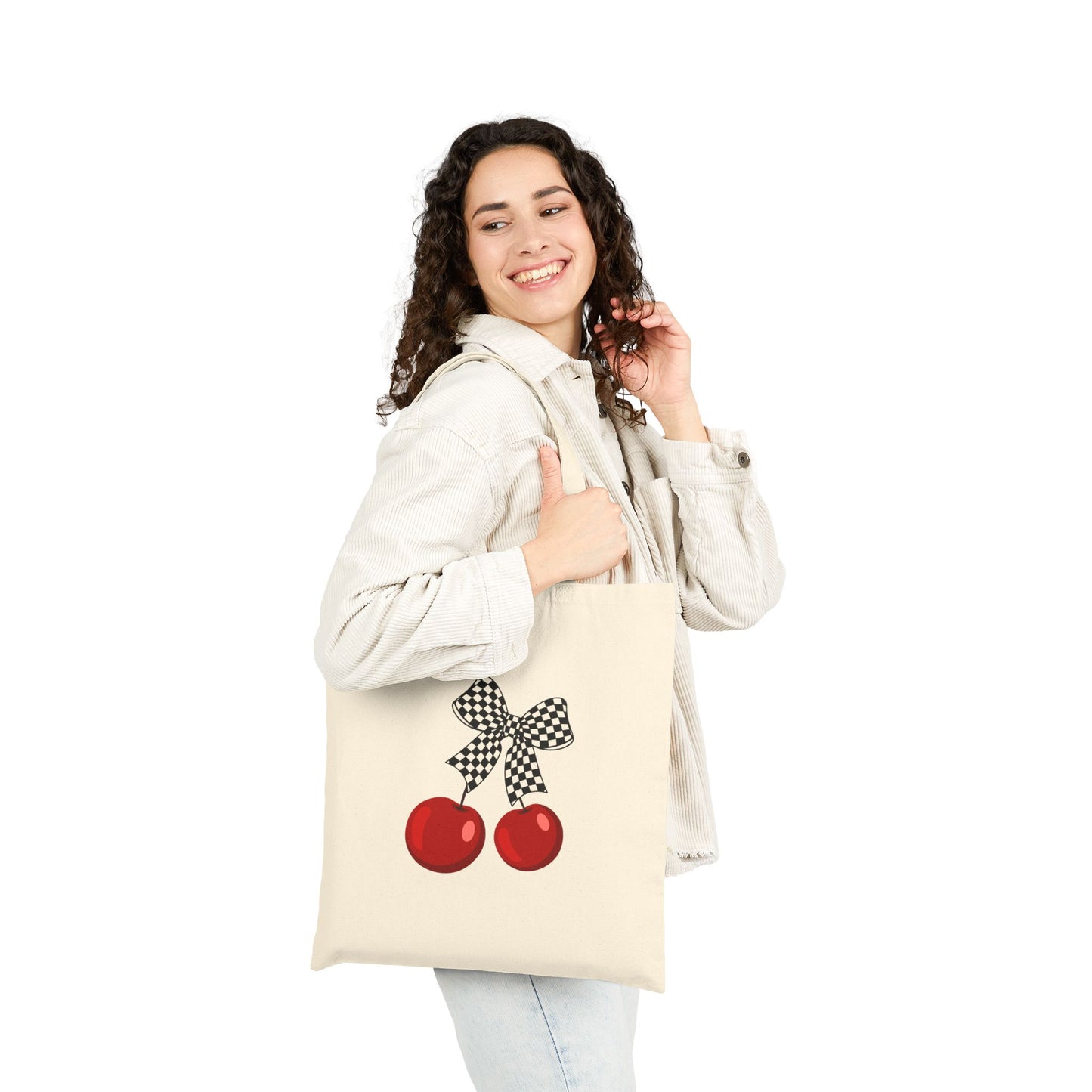 Cherry Print Canvas Tote Bag, Eco-Friendly Grocery Tote, Cute Gift for Mom, Chic Shopping Bag, Summer Accessory