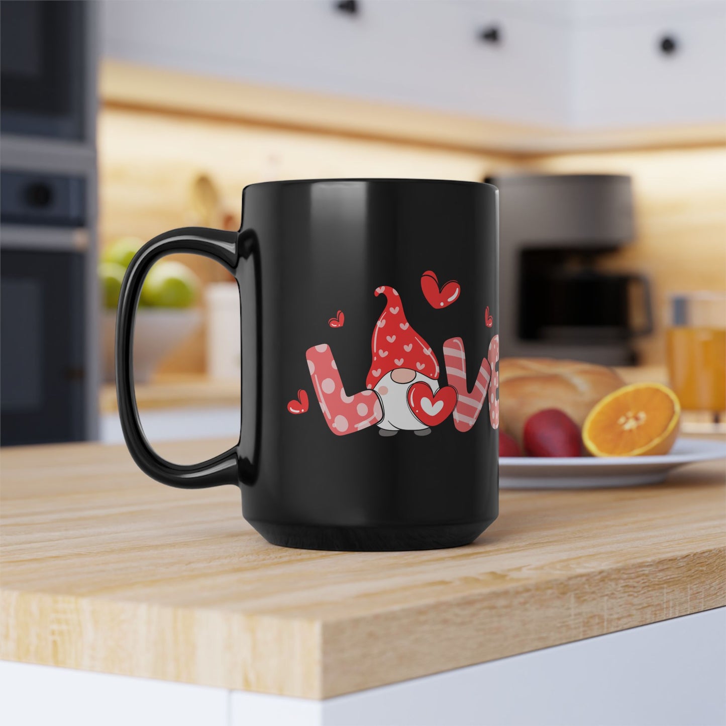 Black Valentine Gnome Mug, Red Heart Love Mug, Cute Gnome Coffee Cup, Romantic Gift for Her or Him, Valentine's Day Drinkware