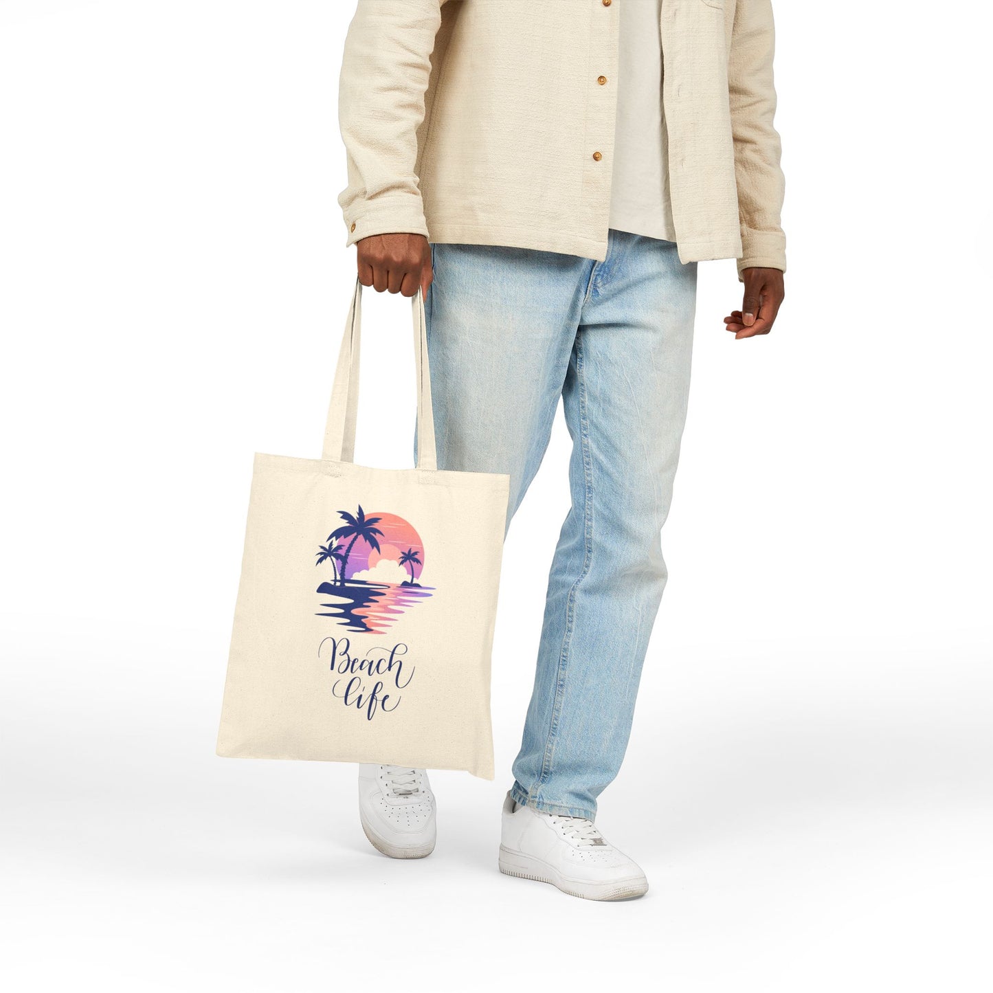 Beach Life Cotton Canvas Tote Bag – Coastal Palm Sunset Design