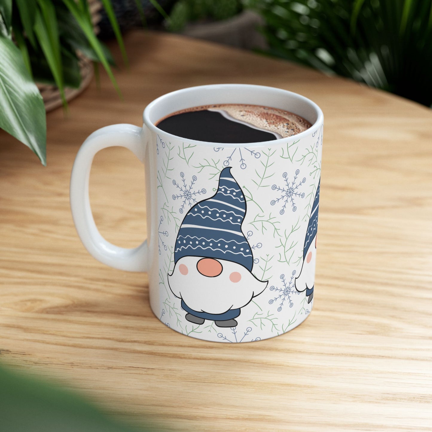 Blue Gnome Winter Mug, Snowflake Ceramic Coffee Cup, Cozy Christmas Gift, 11oz Holiday Gnome Mug