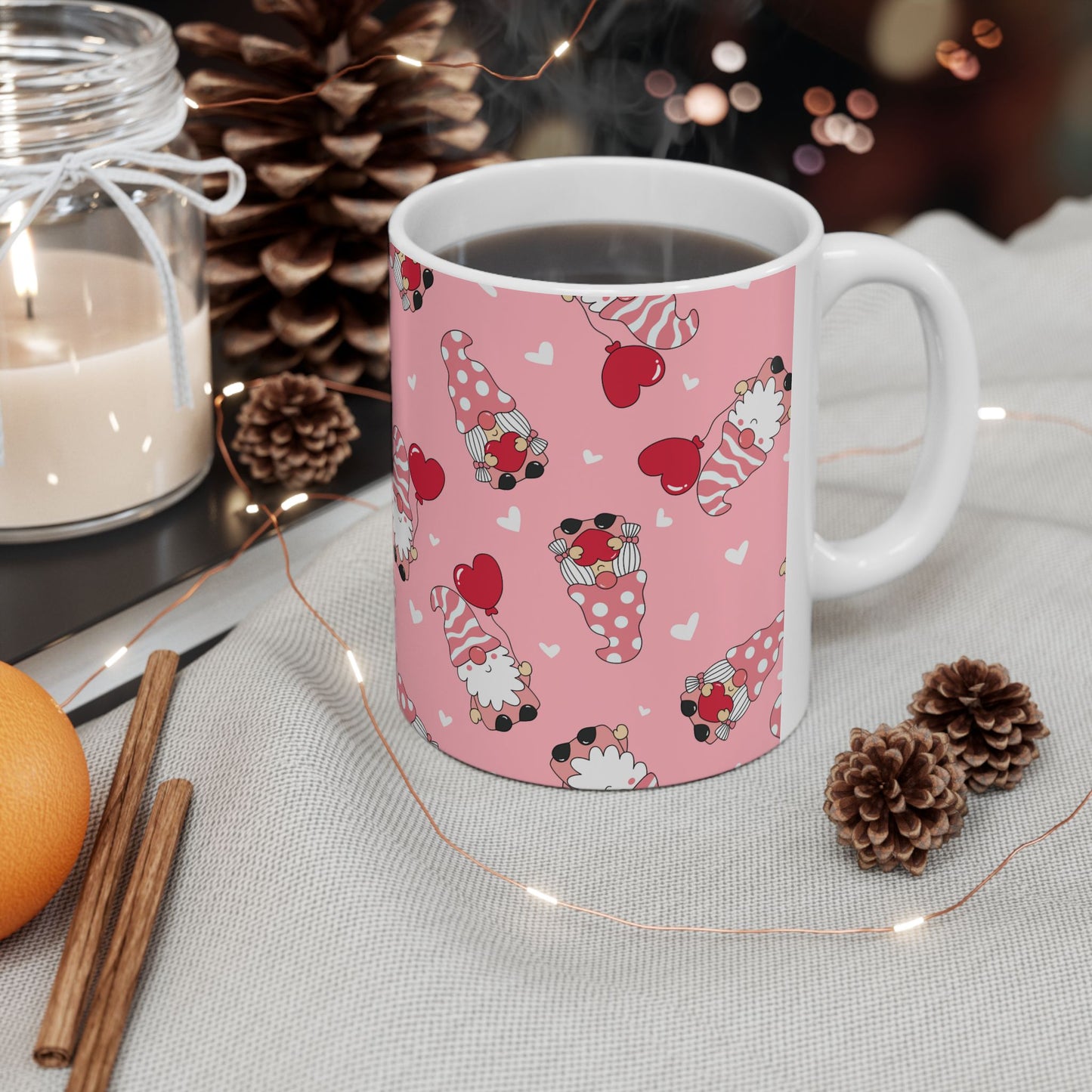 Valentine Gnome Mug, Pink Heart Mug for Her, Cute Gnome Coffee Cup, Romantic Gift for Girlfriend, Whimsical Valentine's Day Mug