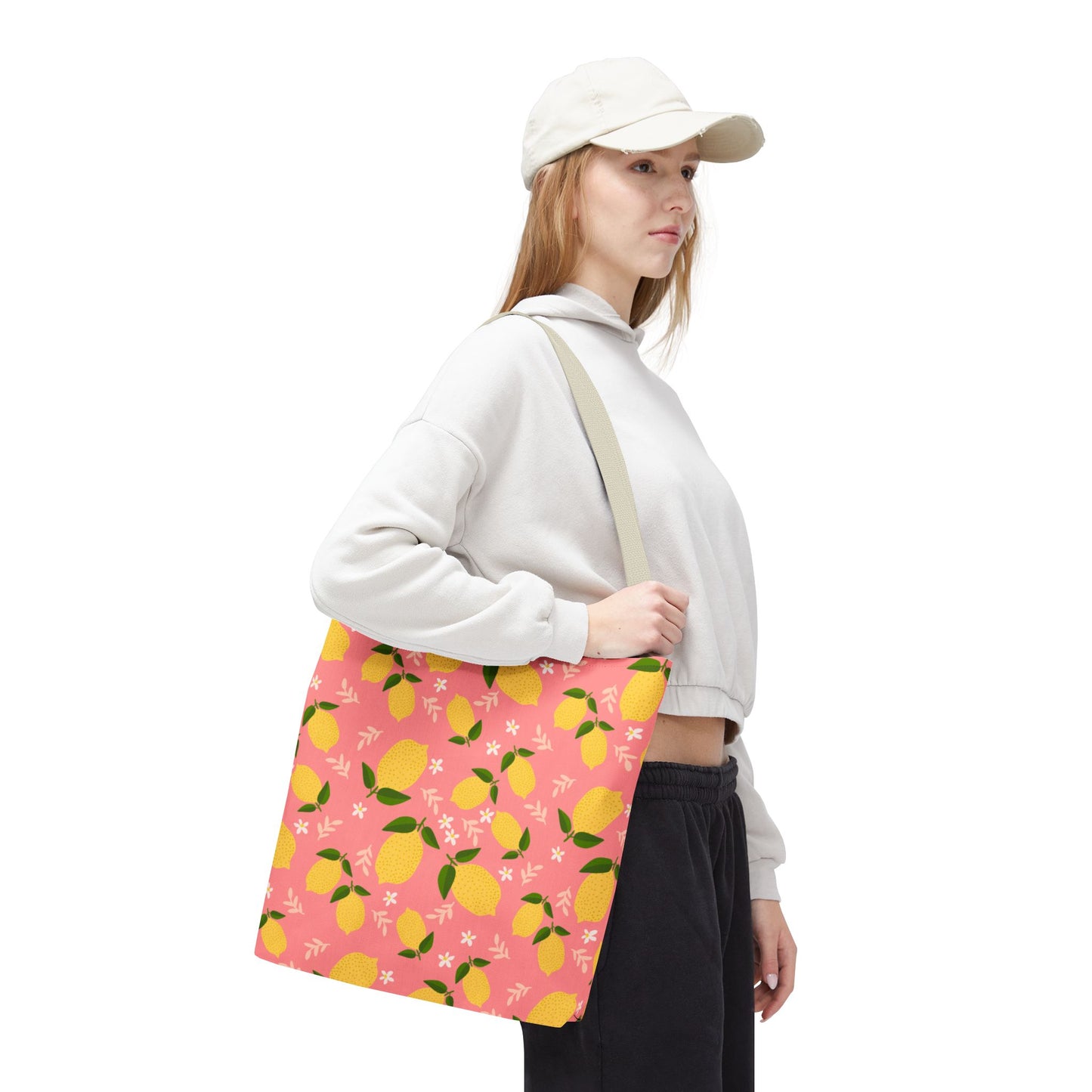 Pink Lemon Print AOP Tote Bag, Eco-Friendly Shopping Bag, Summer Style, Beach Tote, Gift for Her, Floral Shopping Bag