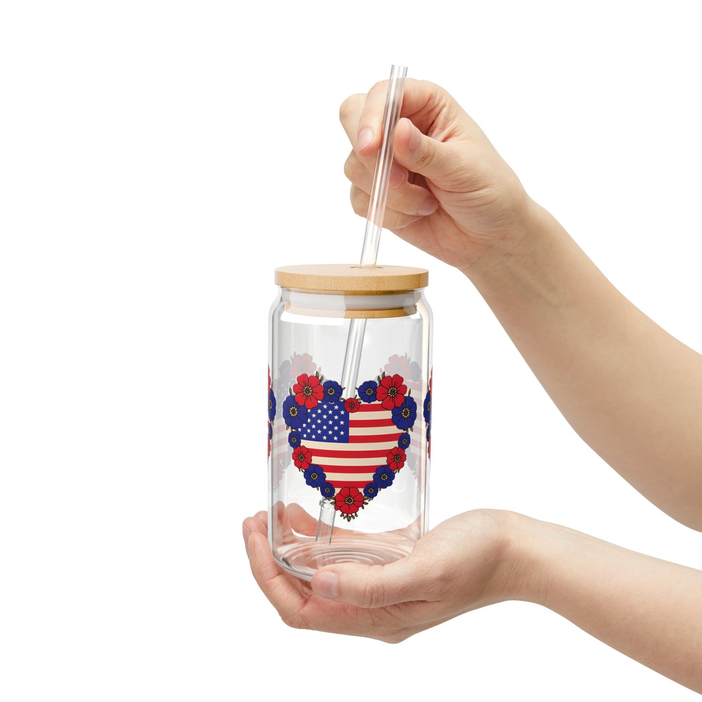 Patriotic Floral Heart Sipper Glass, 16oz - USA Heart Design, Floral Water Bottle, Summer Drinkware, Eco-Friendly Tumblers