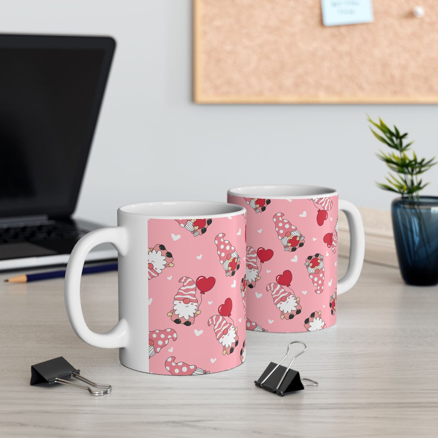 Valentine Gnome Mug, Pink Heart Mug for Her, Cute Gnome Coffee Cup, Romantic Gift for Girlfriend, Whimsical Valentine's Day Mug