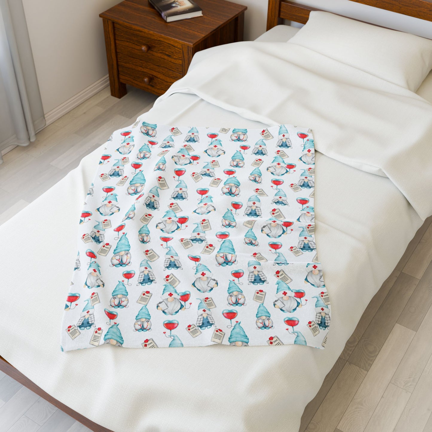 Medical Gnome Velveteen Plush Blanket, Blue Gnome Throw for Nurses, Doctors, Healthcare Workers, Cozy Gift for Medical Professionals