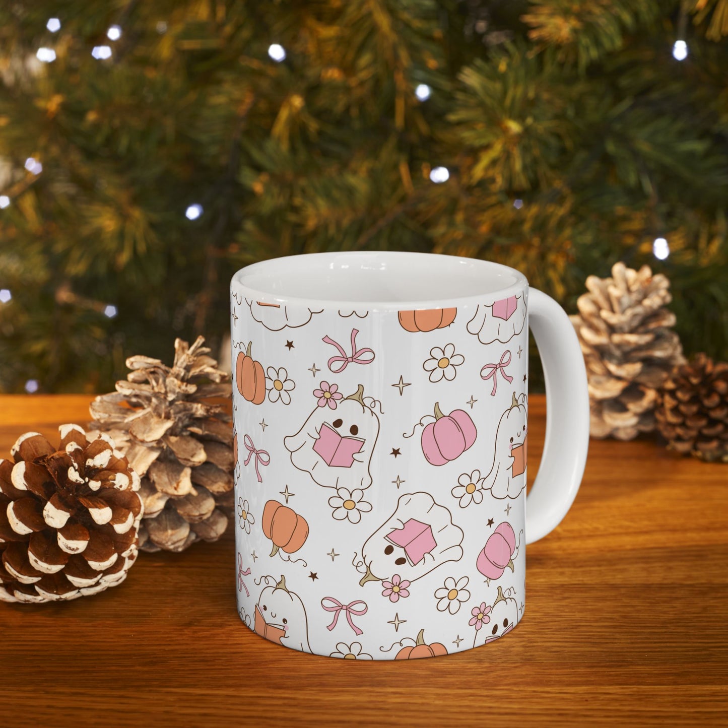 Halloween Ghost Pumpkin Pink Ceramic Mug, Trick or Treat Cup, Fall Season Coffee Mug, Halloween Decor, Autumn Tea Cup