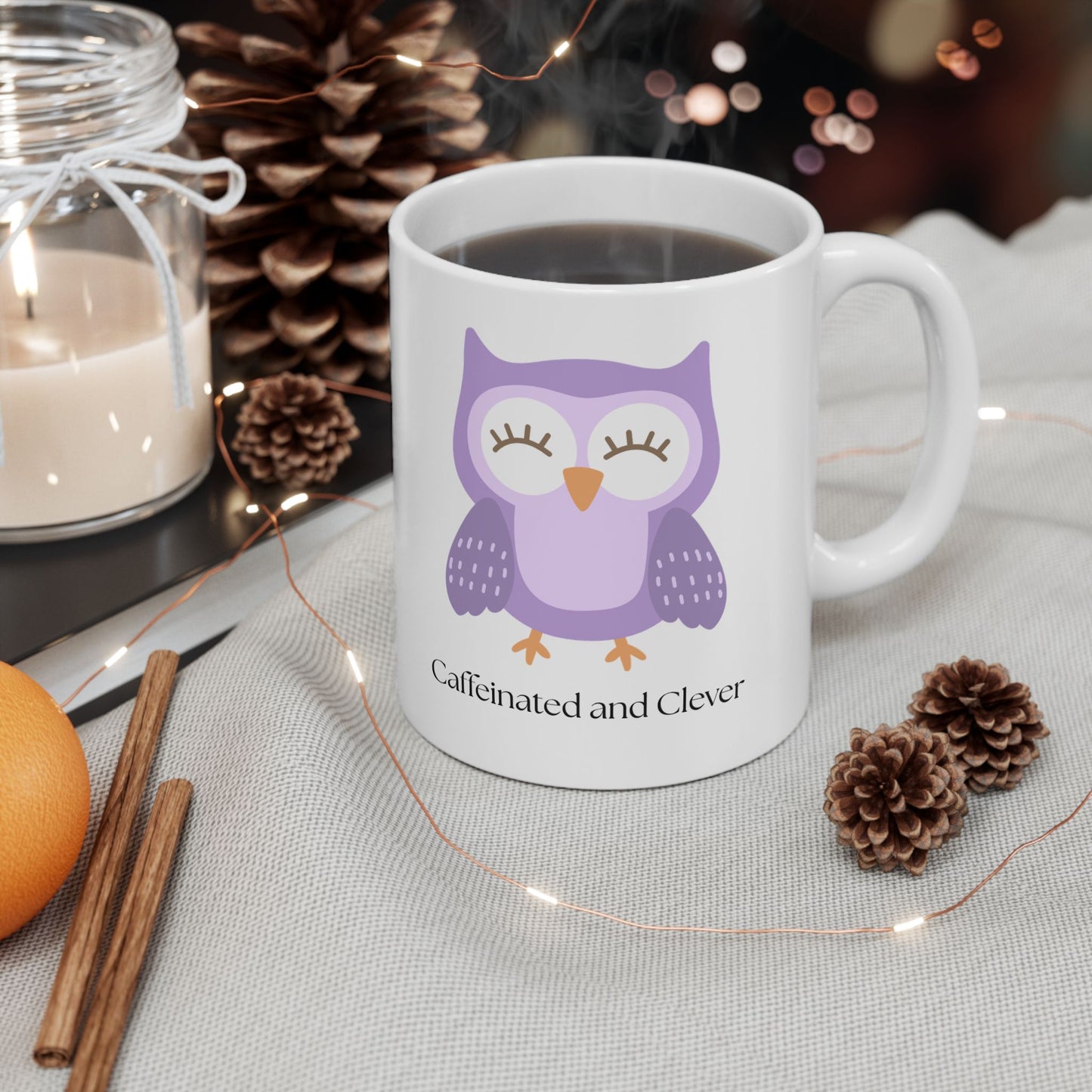 Caffeinated and Clever Mug, Cute Purple Owl Coffee Cup, Ceramic Mug for Book Lovers & Owl Fans