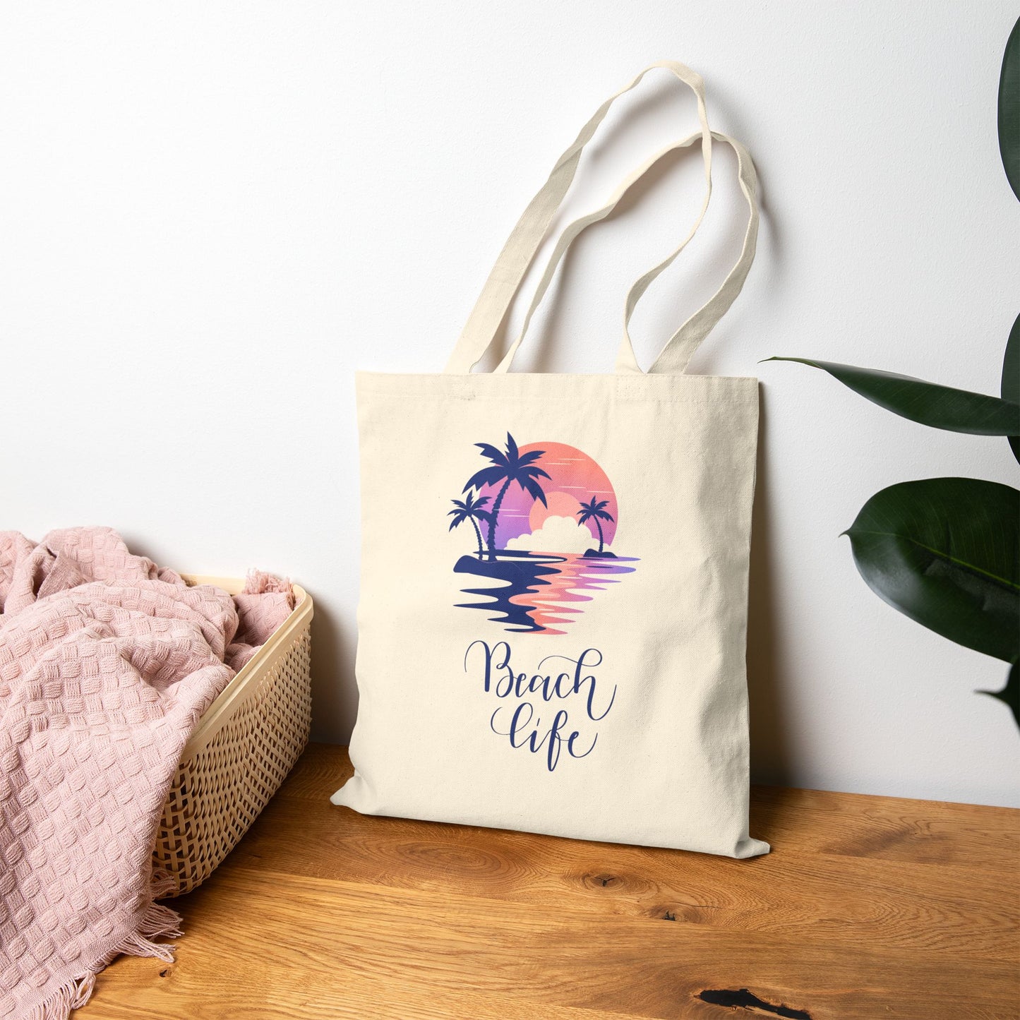 Beach Life Cotton Canvas Tote Bag – Coastal Palm Sunset Design