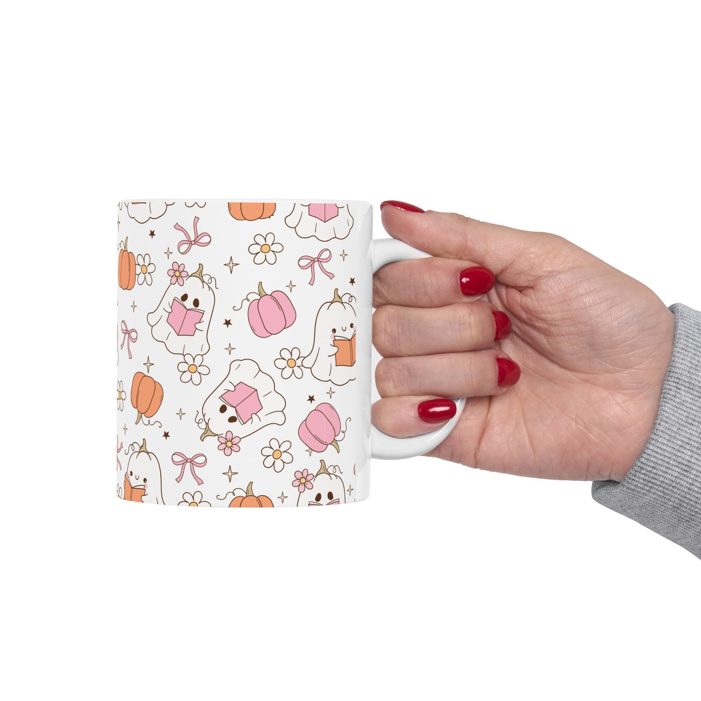 Halloween Ghost Pumpkin Pink Ceramic Mug, Trick or Treat Cup, Fall Season Coffee Mug, Halloween Decor, Autumn Tea Cup