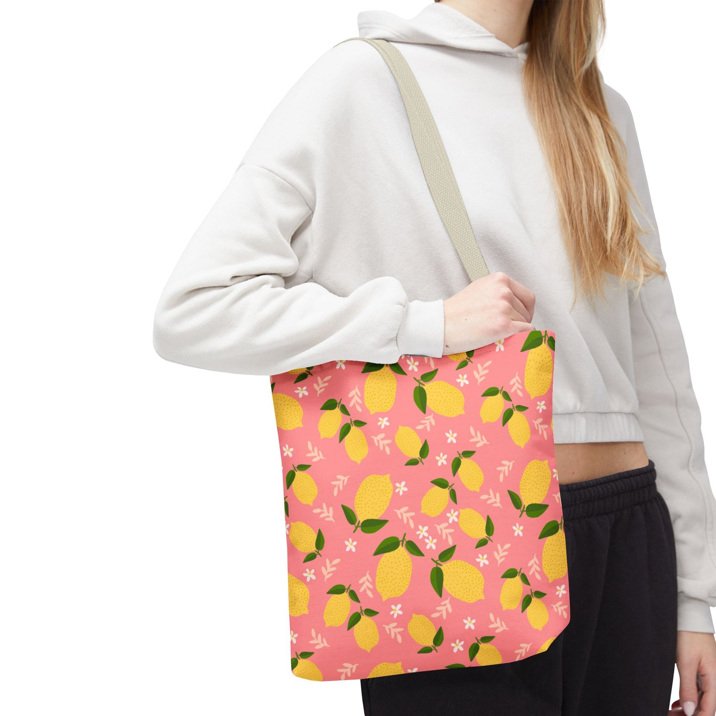 Pink Lemon Print AOP Tote Bag, Eco-Friendly Shopping Bag, Summer Style, Beach Tote, Gift for Her, Floral Shopping Bag