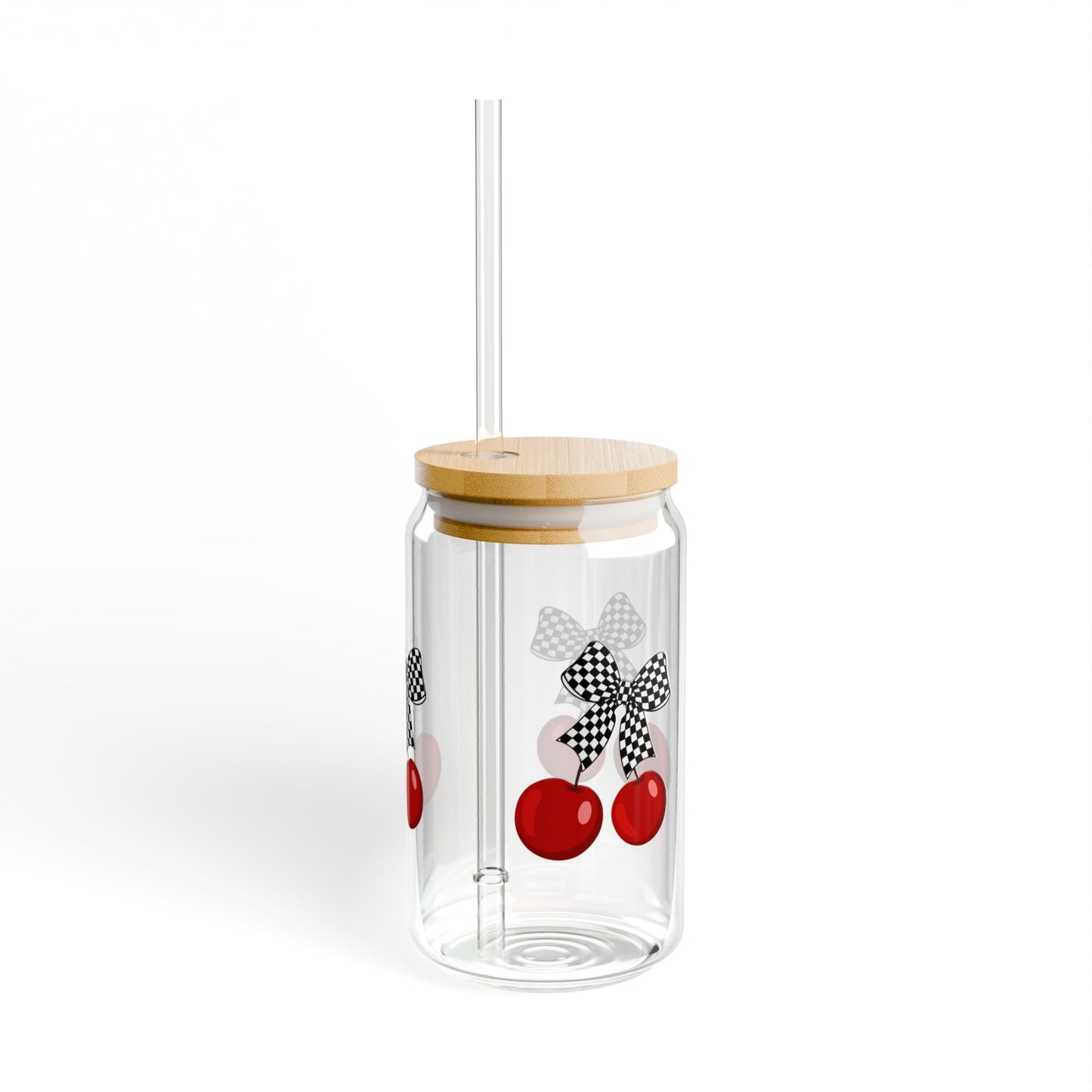 Gingham Cherry Sipper Glass | 16oz Drinking Jar with Straw, Cute Checkered Kitchen Decor, Summer Party Drinkware