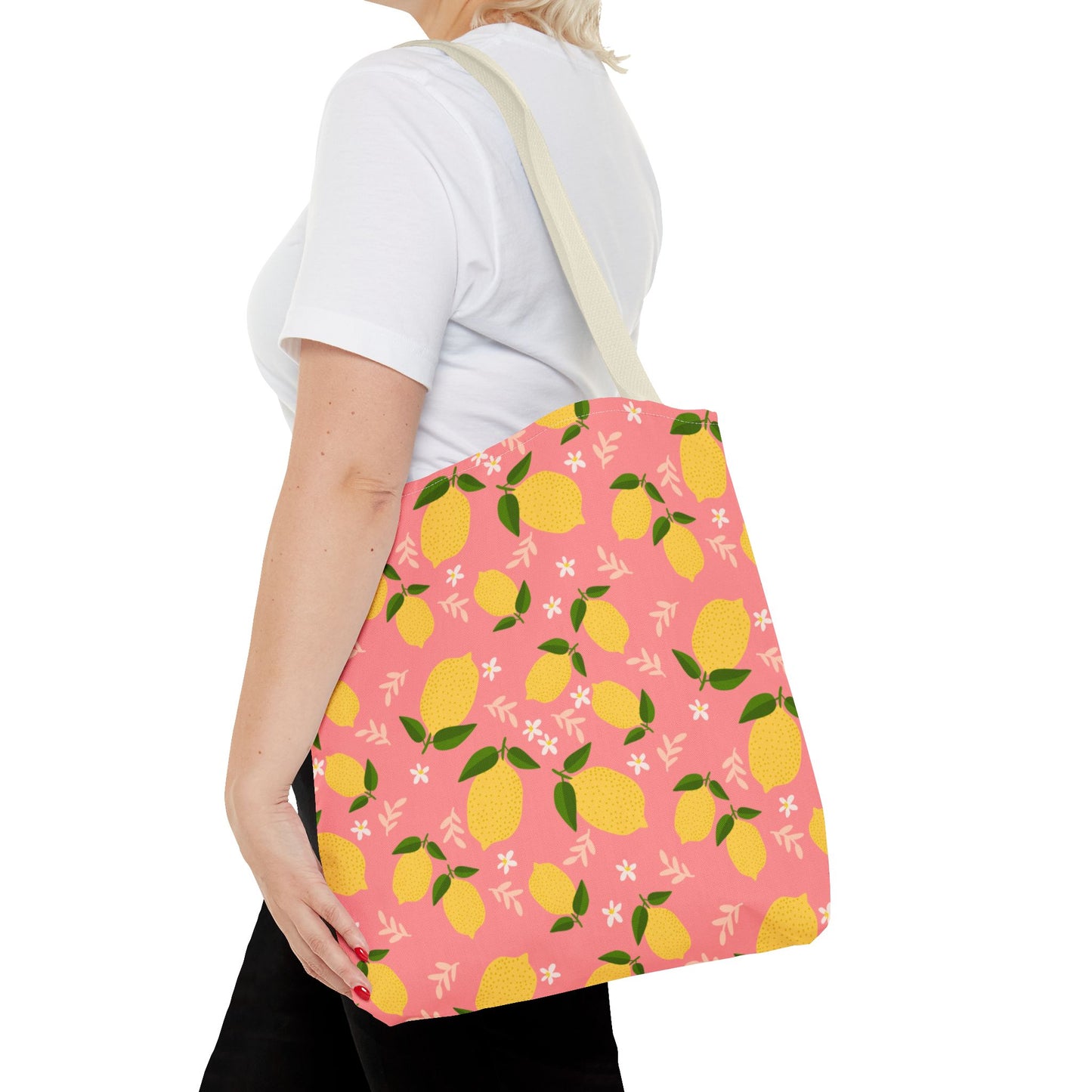 Pink Lemon Print AOP Tote Bag, Eco-Friendly Shopping Bag, Summer Style, Beach Tote, Gift for Her, Floral Shopping Bag