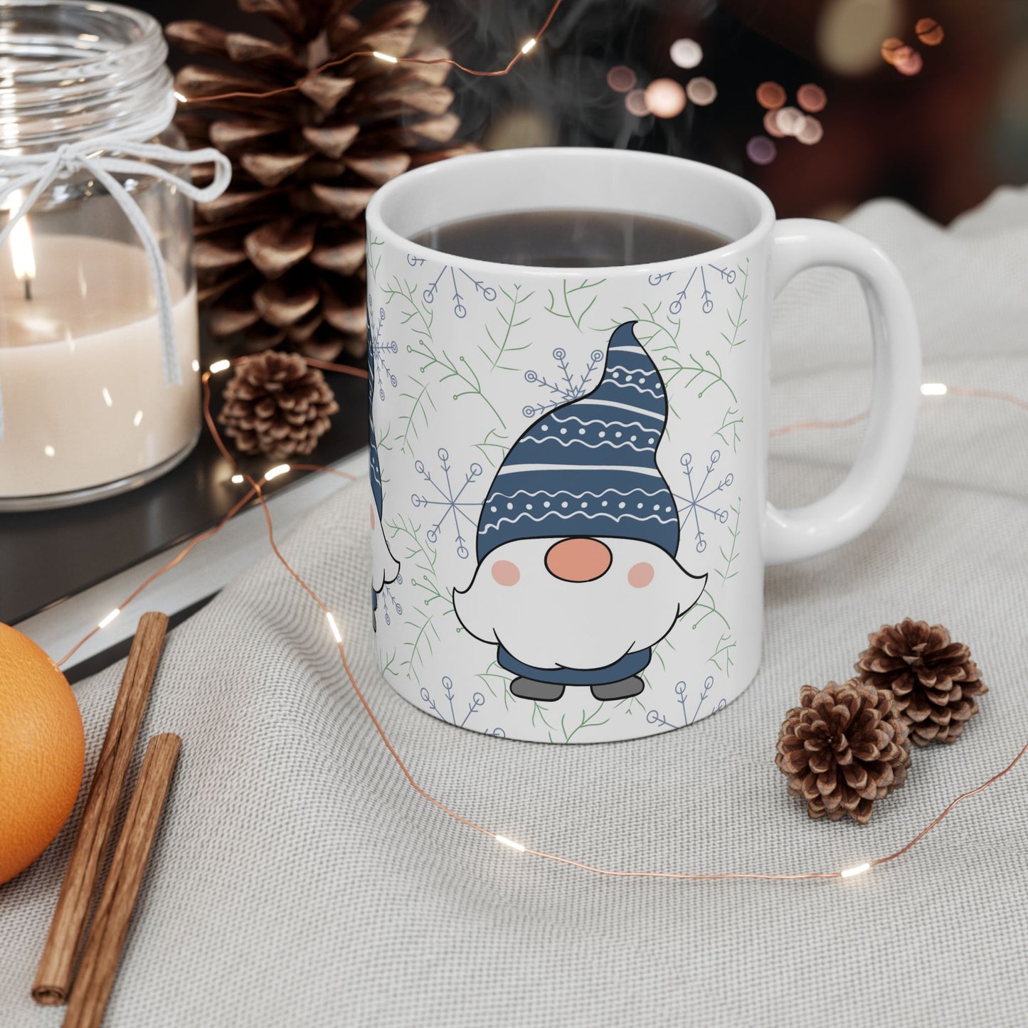 Blue Gnome Winter Mug, Snowflake Ceramic Coffee Cup, Cozy Christmas Gift, 11oz Holiday Gnome Mug