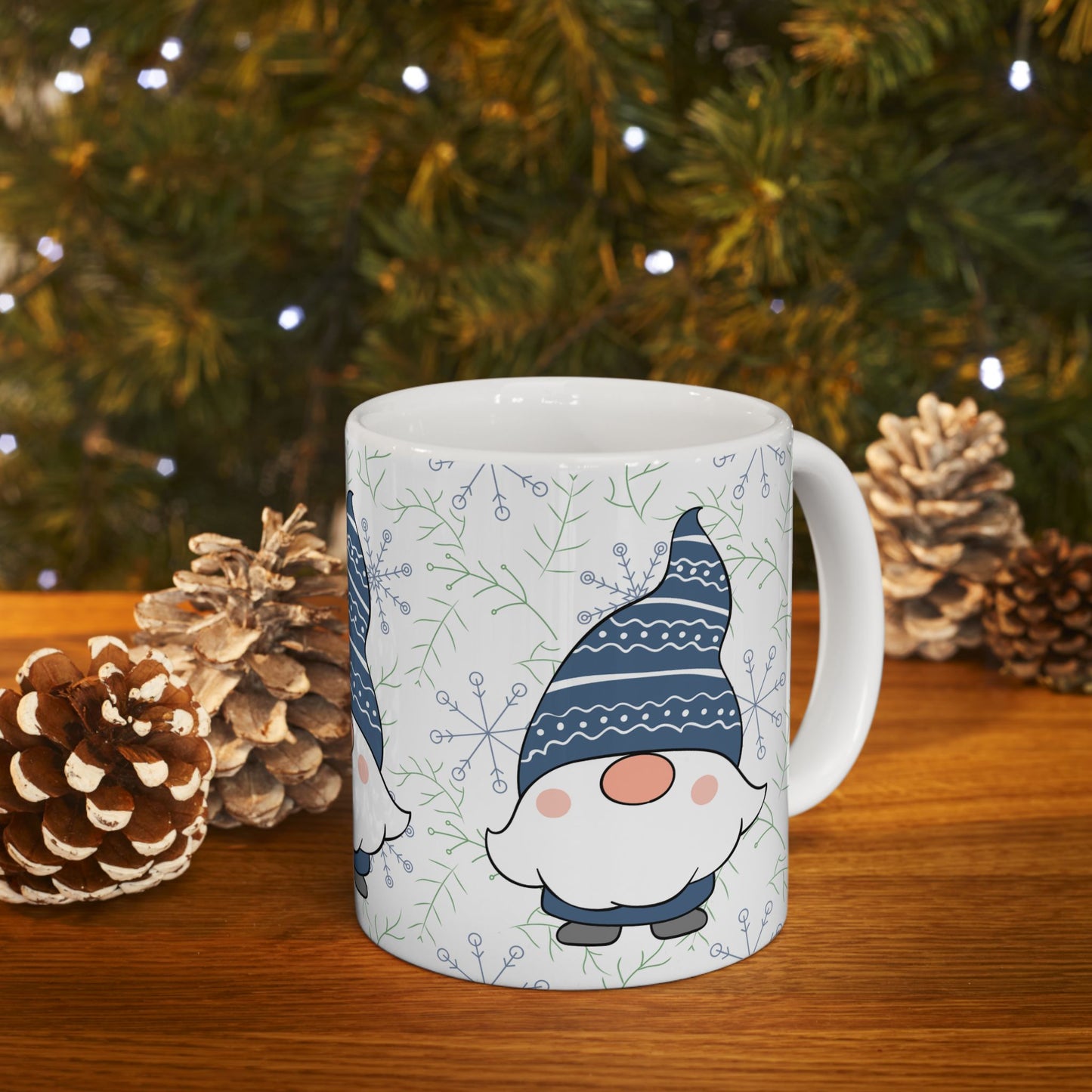 Blue Gnome Winter Mug, Snowflake Ceramic Coffee Cup, Cozy Christmas Gift, 11oz Holiday Gnome Mug
