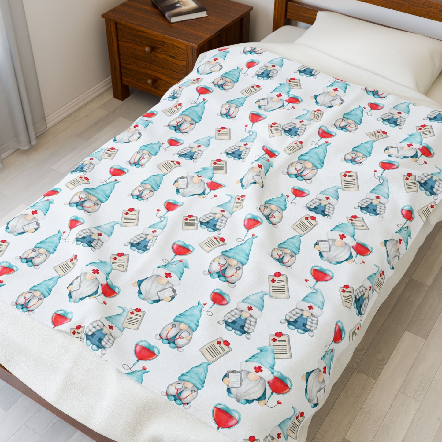 Medical Gnome Velveteen Plush Blanket, Blue Gnome Throw for Nurses, Doctors, Healthcare Workers, Cozy Gift for Medical Professionals