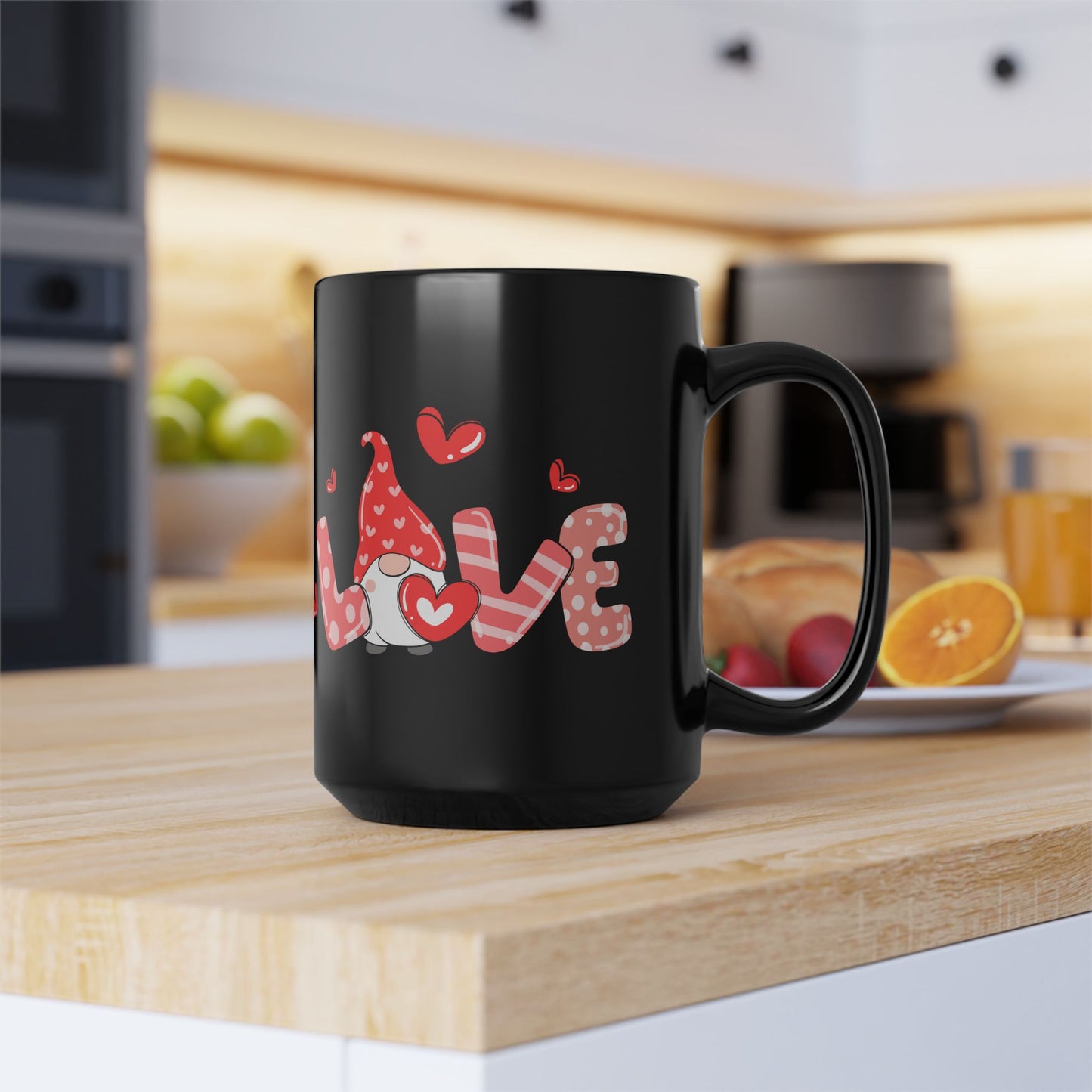 Black Valentine Gnome Mug, Red Heart Love Mug, Cute Gnome Coffee Cup, Romantic Gift for Her or Him, Valentine's Day Drinkware