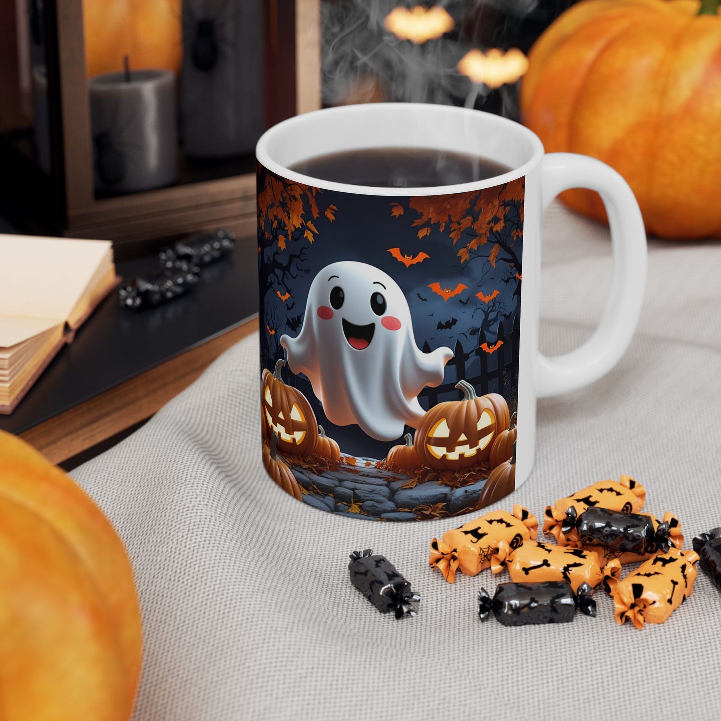 Ghostly Ceramic Mug, Halloween Spooky Pumpkins Gift, Cute Cartoon Cup, Tea Coffee Drinkware, Haunted Seasonal Decor, Scary Kitchen