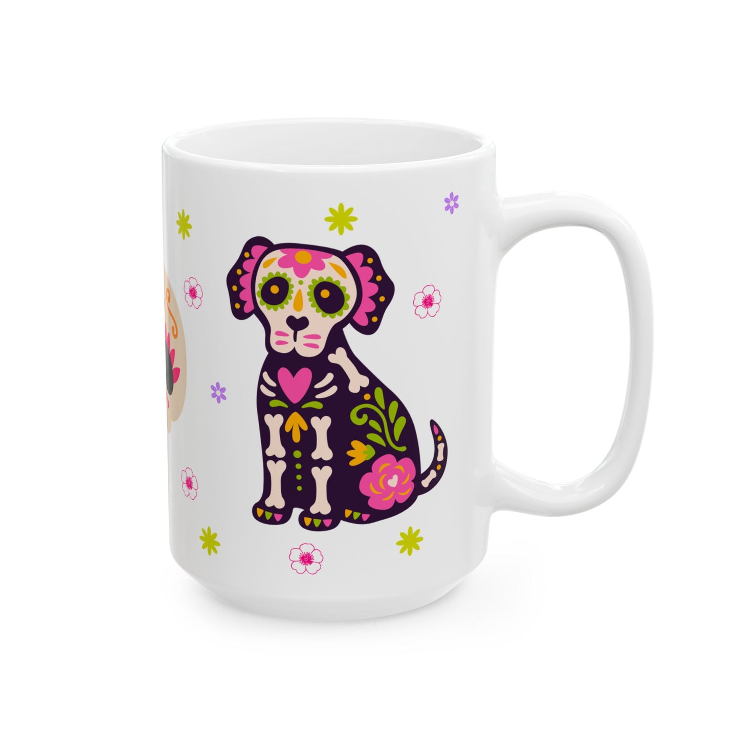 Colorful Day of the Dead Ceramic Mug, Halloween Gift, Sugar Skull Cup, Dog Lover's Mug, Festive Coffee Tea Cup