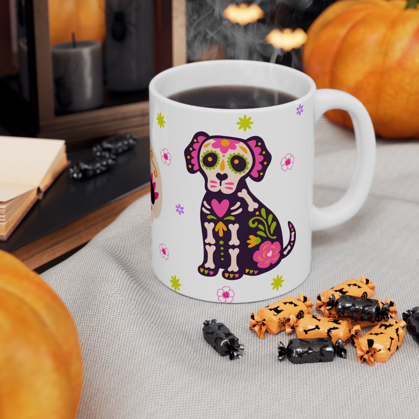 Colorful Day of the Dead Ceramic Mug, Halloween Gift, Sugar Skull Cup, Dog Lover's Mug, Festive Coffee Tea Cup