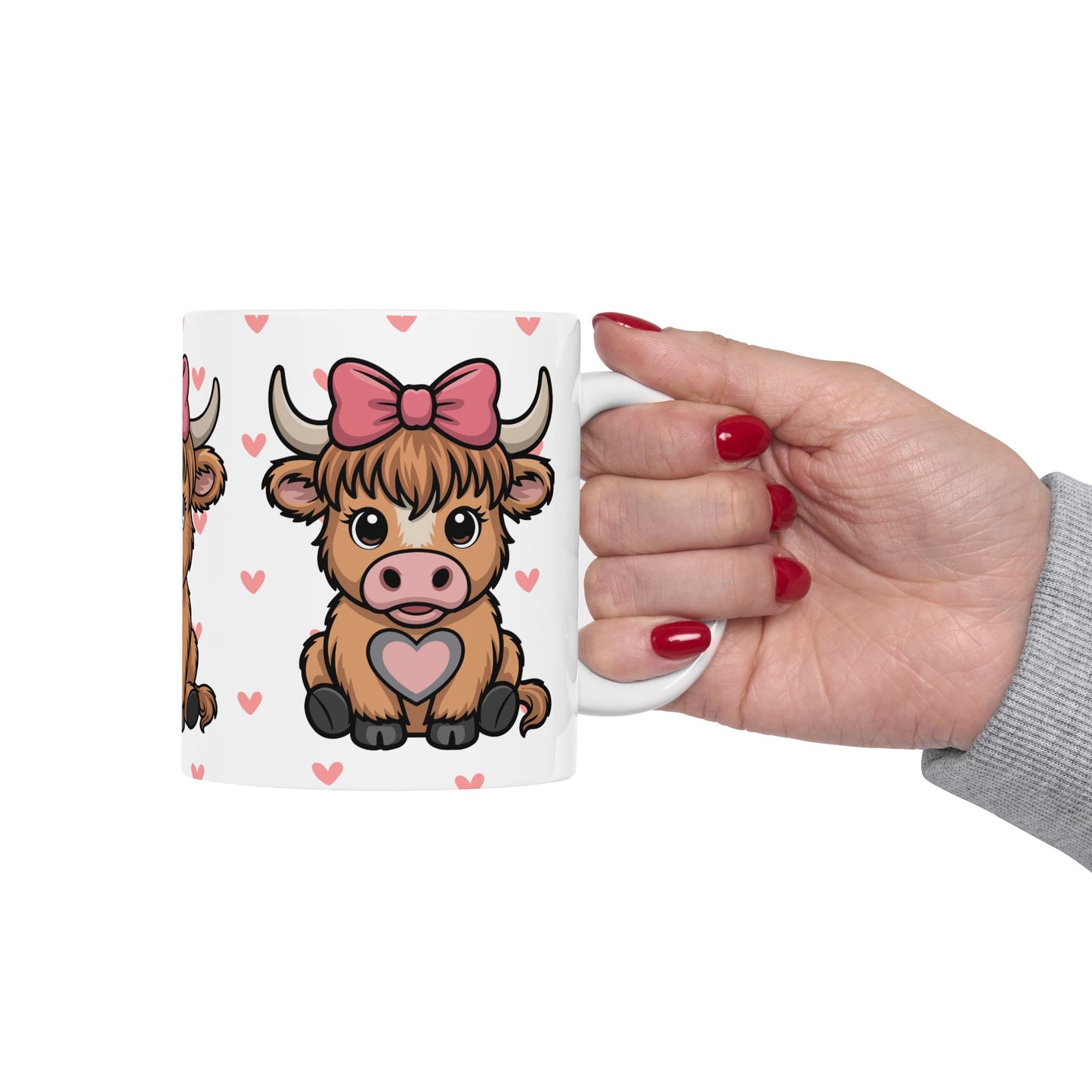 Cute Highland Cow Ceramic Mug โ Adorable 11oz Coffee Cup with Hearts & Bow Design