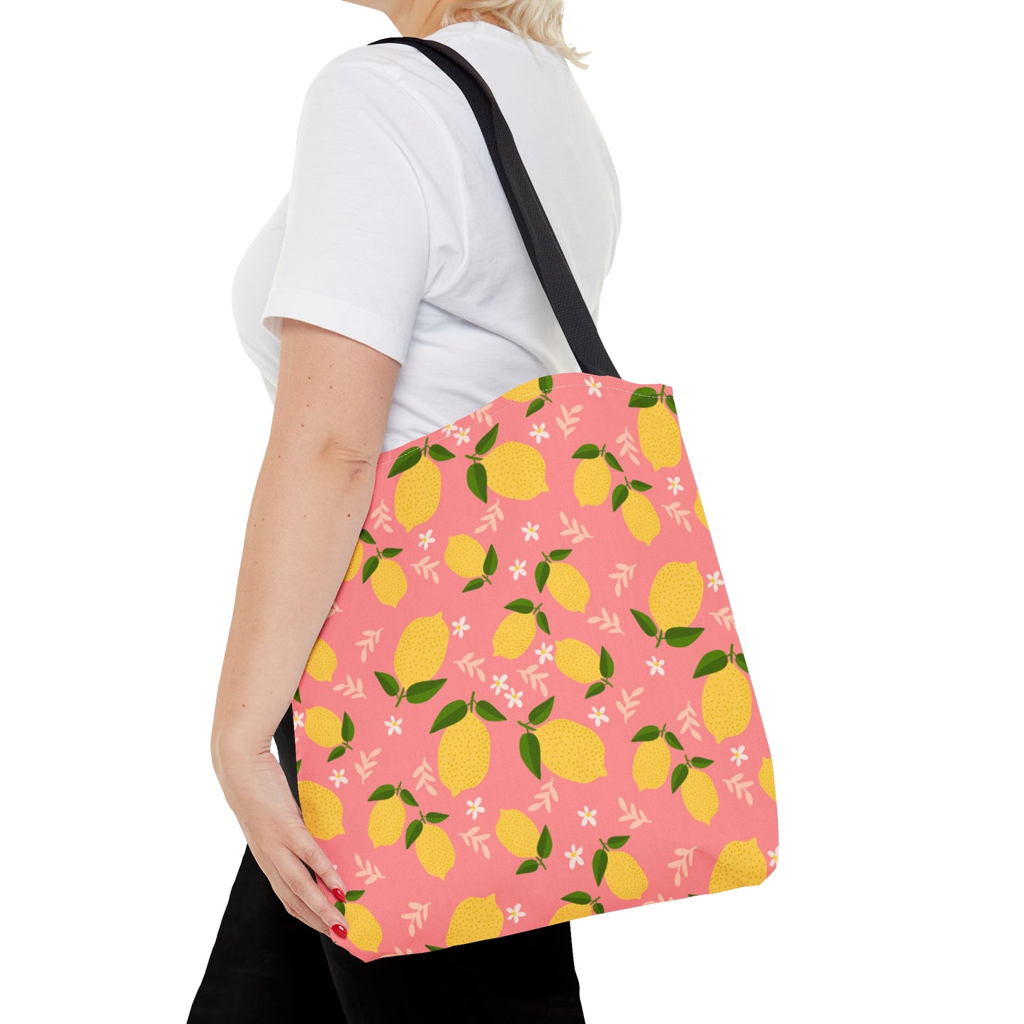Pink Lemon Print AOP Tote Bag, Eco-Friendly Shopping Bag, Summer Style, Beach Tote, Gift for Her, Floral Shopping Bag