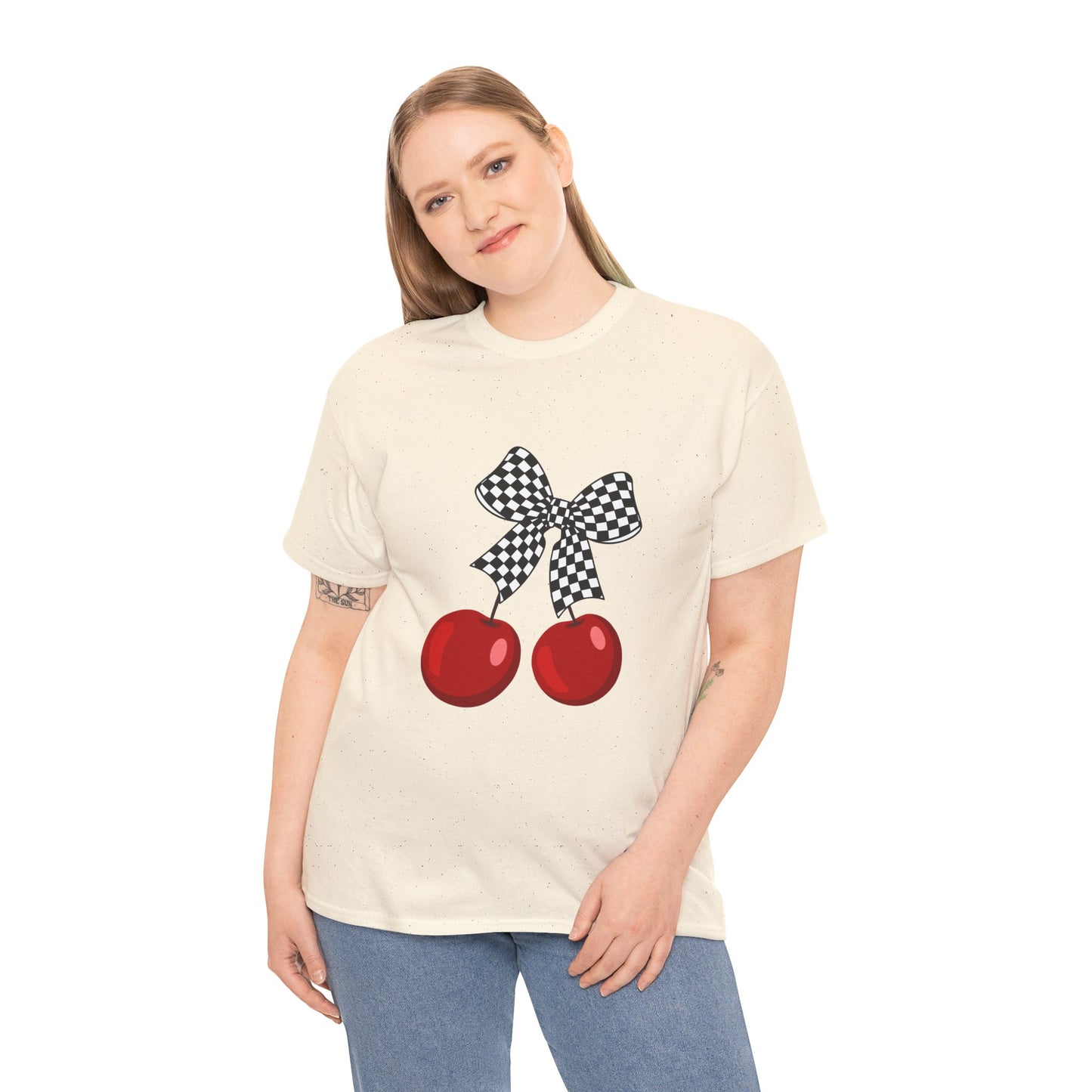 Cherry Bow Unisex Heavy Cotton Tee, Cute Graphic Tee, Casual Wear, Summer Shirt, Perfect Gift, Retro Style Tee
