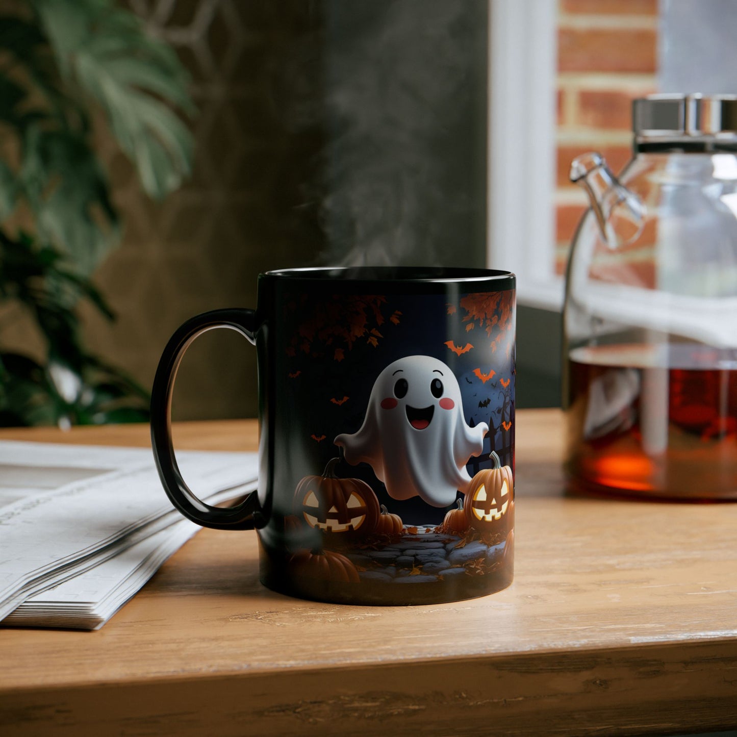 Ghostly Black Ceramic Mug, Halloween Spooky Pumpkins Gift, Cute Cartoon Cup, Tea Coffee Drinkware, Haunted Seasonal Decor, Scary Kitchen