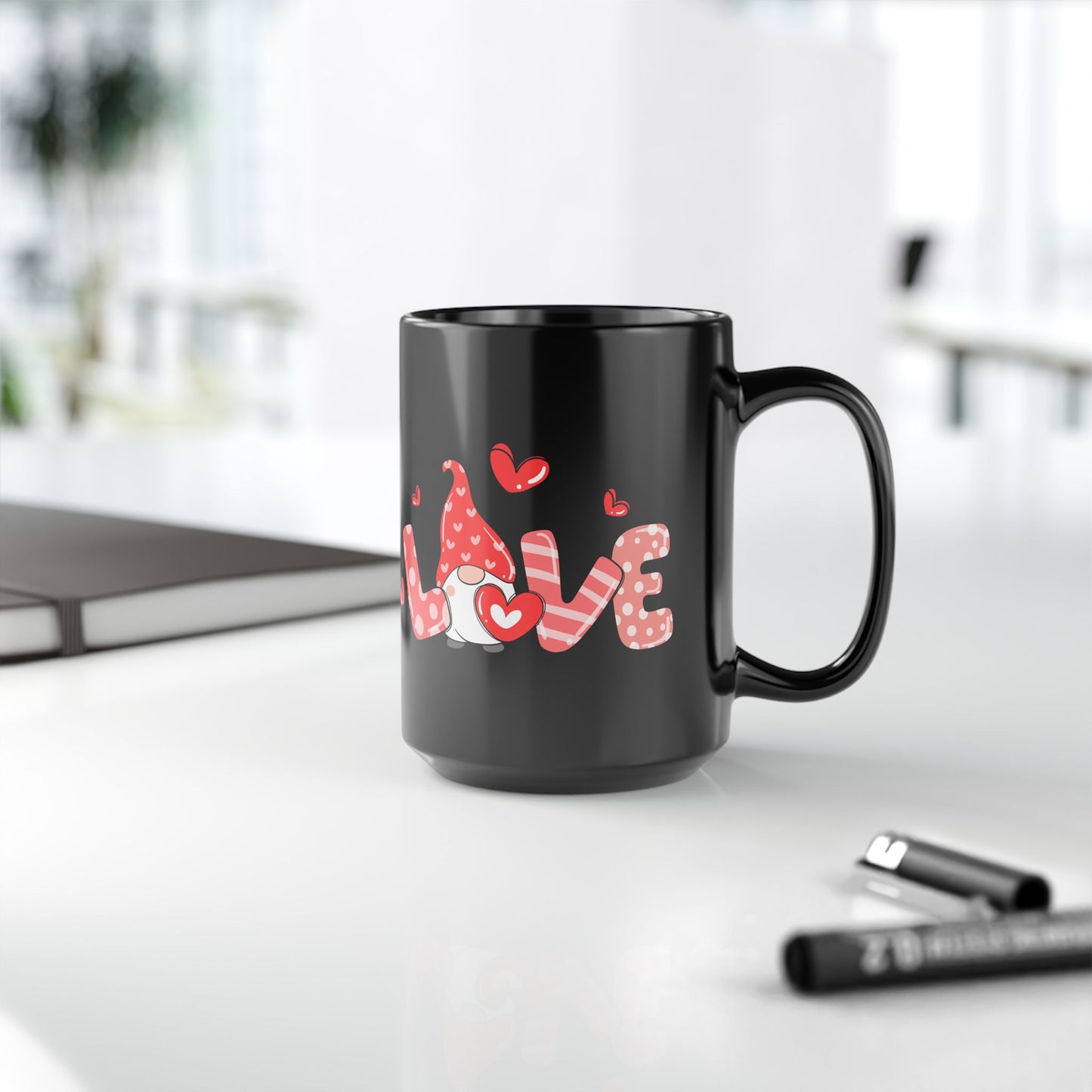 Black Valentine Gnome Mug, Red Heart Love Mug, Cute Gnome Coffee Cup, Romantic Gift for Her or Him, Valentine's Day Drinkware