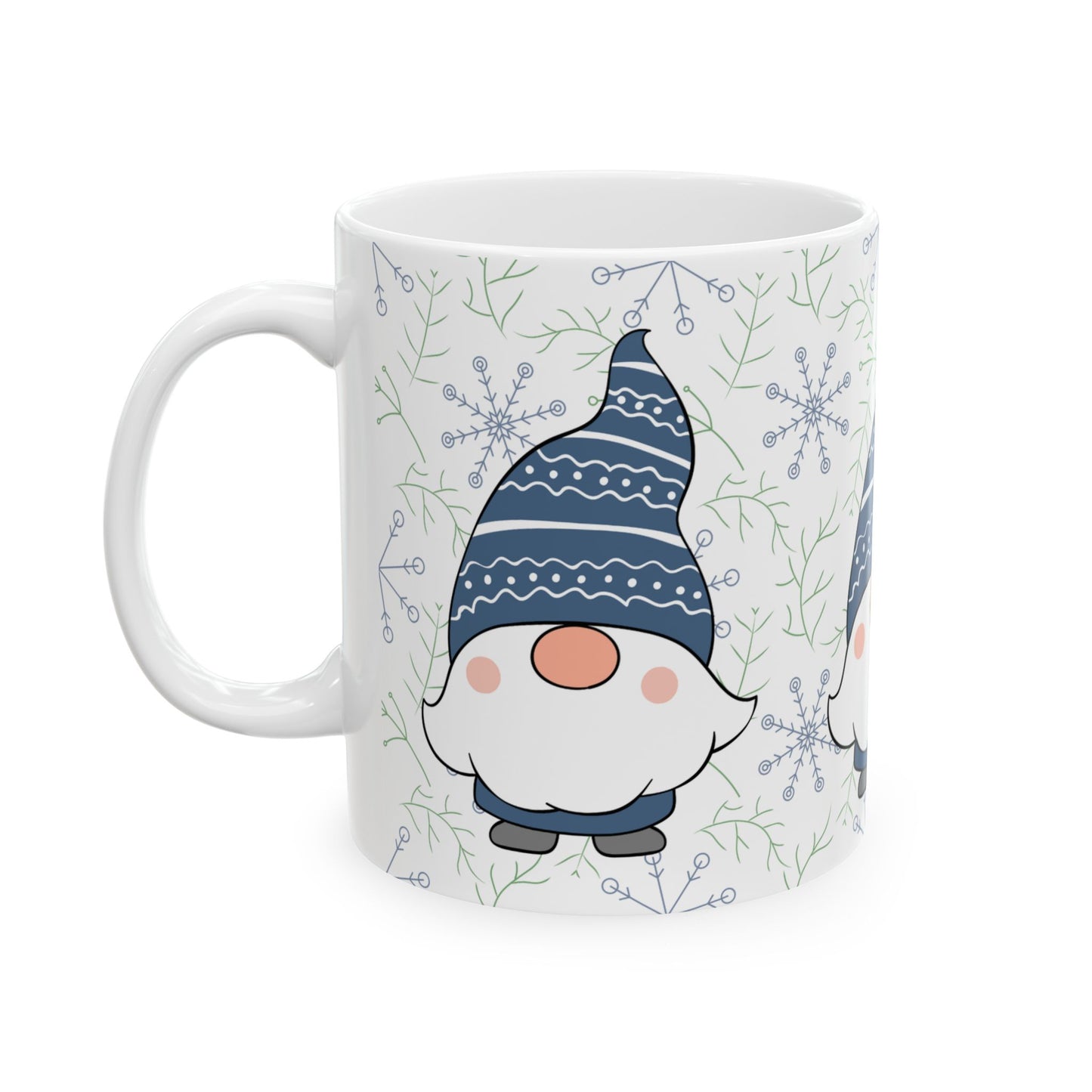 Blue Gnome Winter Mug, Snowflake Ceramic Coffee Cup, Cozy Christmas Gift, 11oz Holiday Gnome Mug