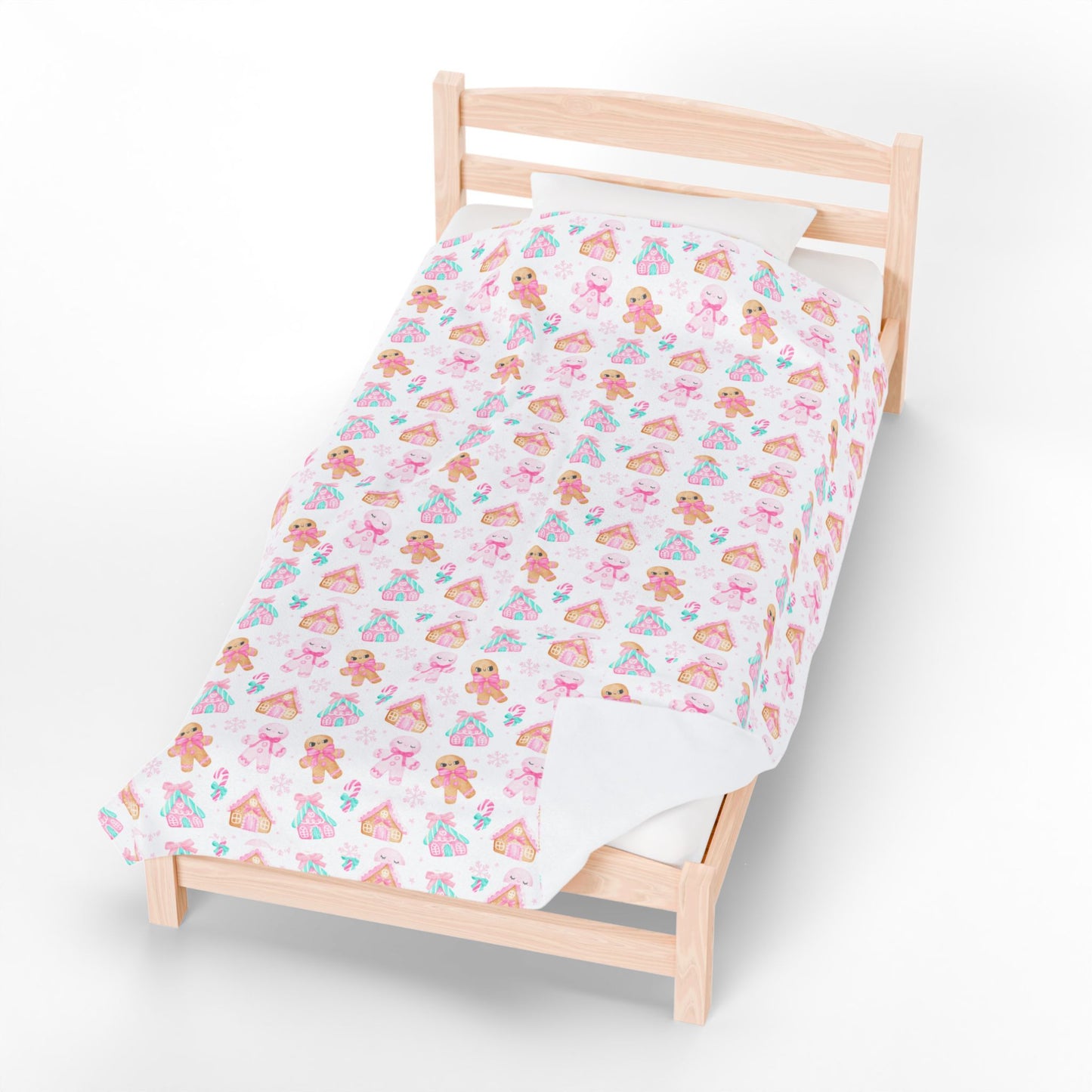 Pink Gingerbread Christmas Velveteen Plush Blanket, Holiday Cozy Soft Blanket, Great Holiday Gift, Gingerbread House Throw Bedding