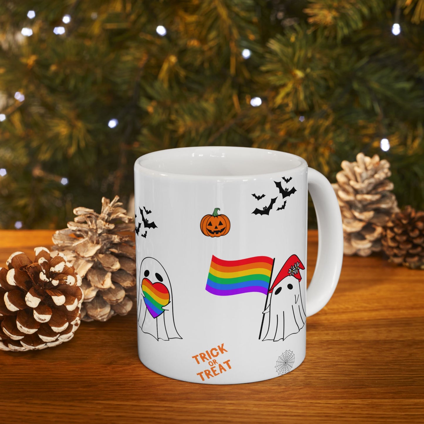 Pride Halloween Ghost Ceramic Mug, LGBTQ Coffee Mug, Rainbow Pride Tea Mug, 11oz, 15oz