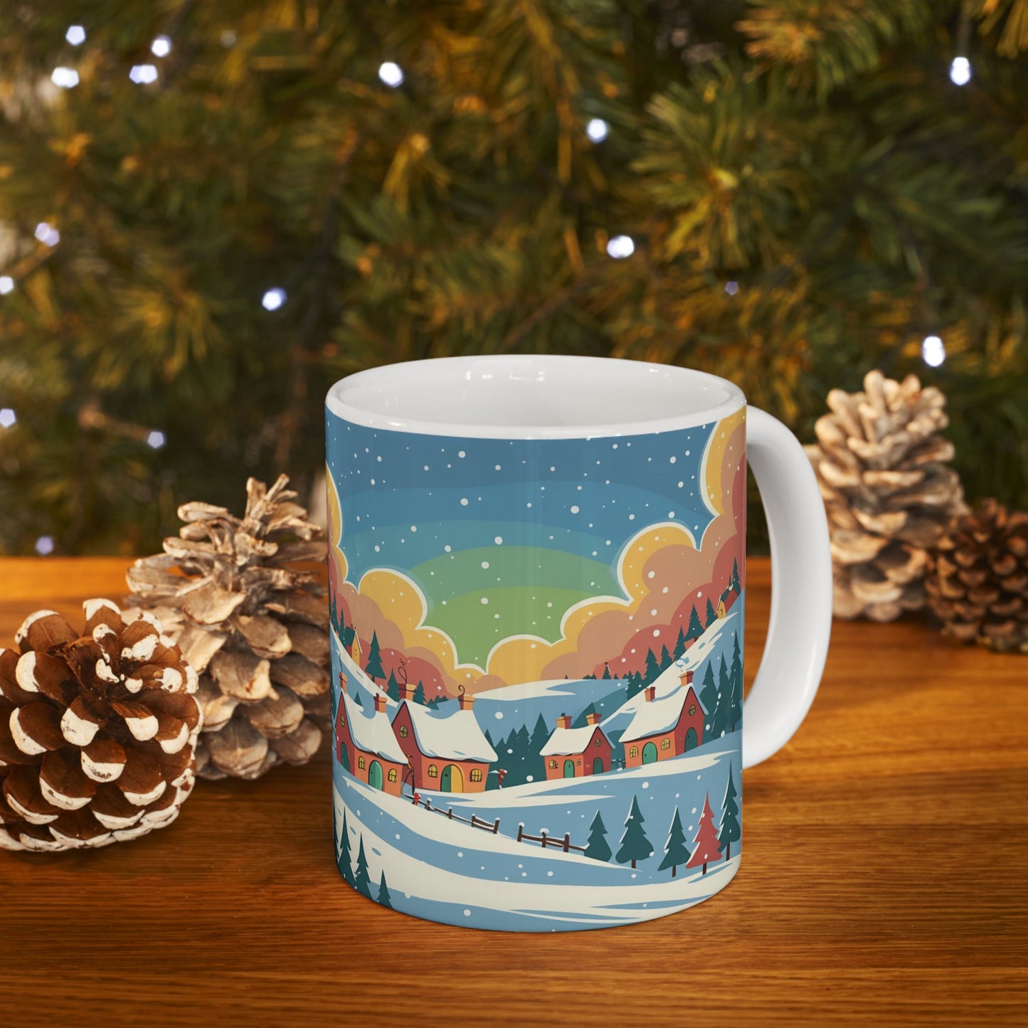Ceramic Mug Winter Snow Scene, Town and Trees Holiday Gift, Winter Coffee Cup, Festive Hot Cocoa Mug, Christmas Gift, Seasonal Tea