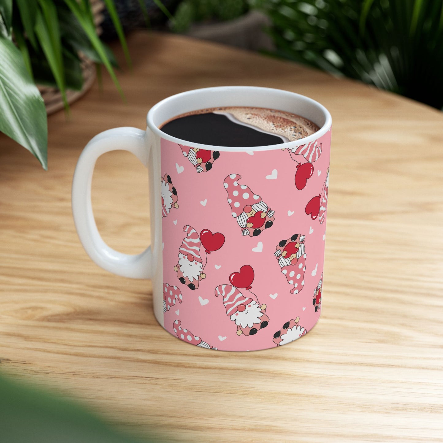 Valentine Gnome Mug, Pink Heart Mug for Her, Cute Gnome Coffee Cup, Romantic Gift for Girlfriend, Whimsical Valentine's Day Mug
