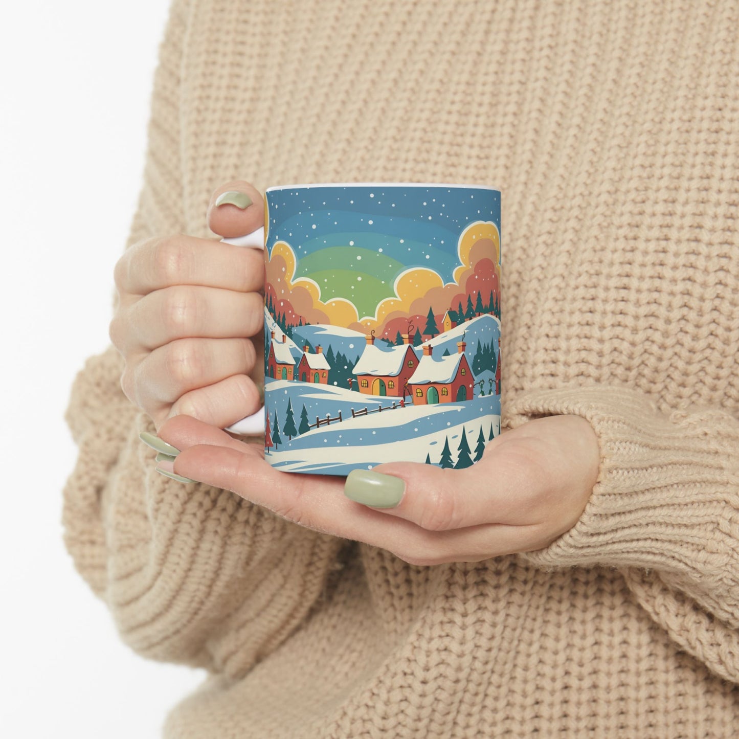 Ceramic Mug Winter Snow Scene, Town and Trees Holiday Gift, Winter Coffee Cup, Festive Hot Cocoa Mug, Christmas Gift, Seasonal Tea