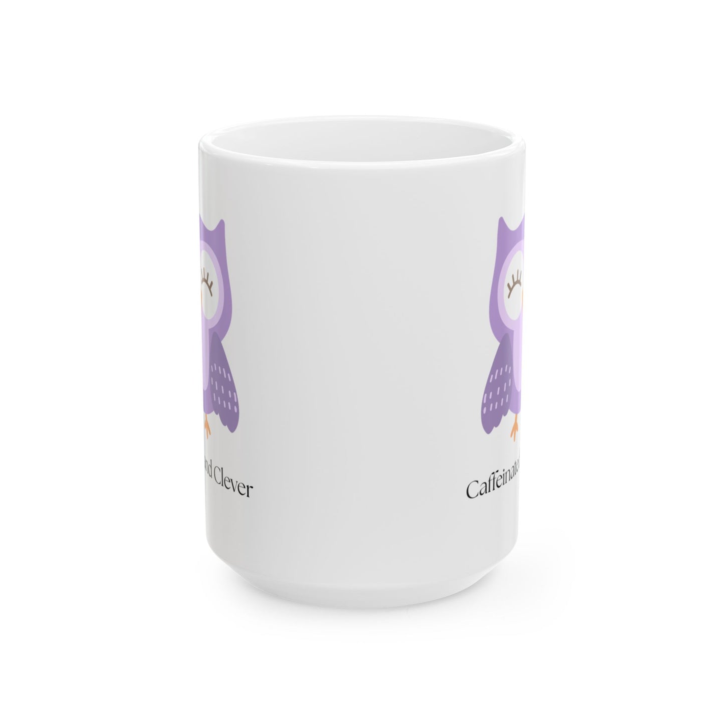 Caffeinated and Clever Mug, Cute Purple Owl Coffee Cup, Ceramic Mug for Book Lovers & Owl Fans