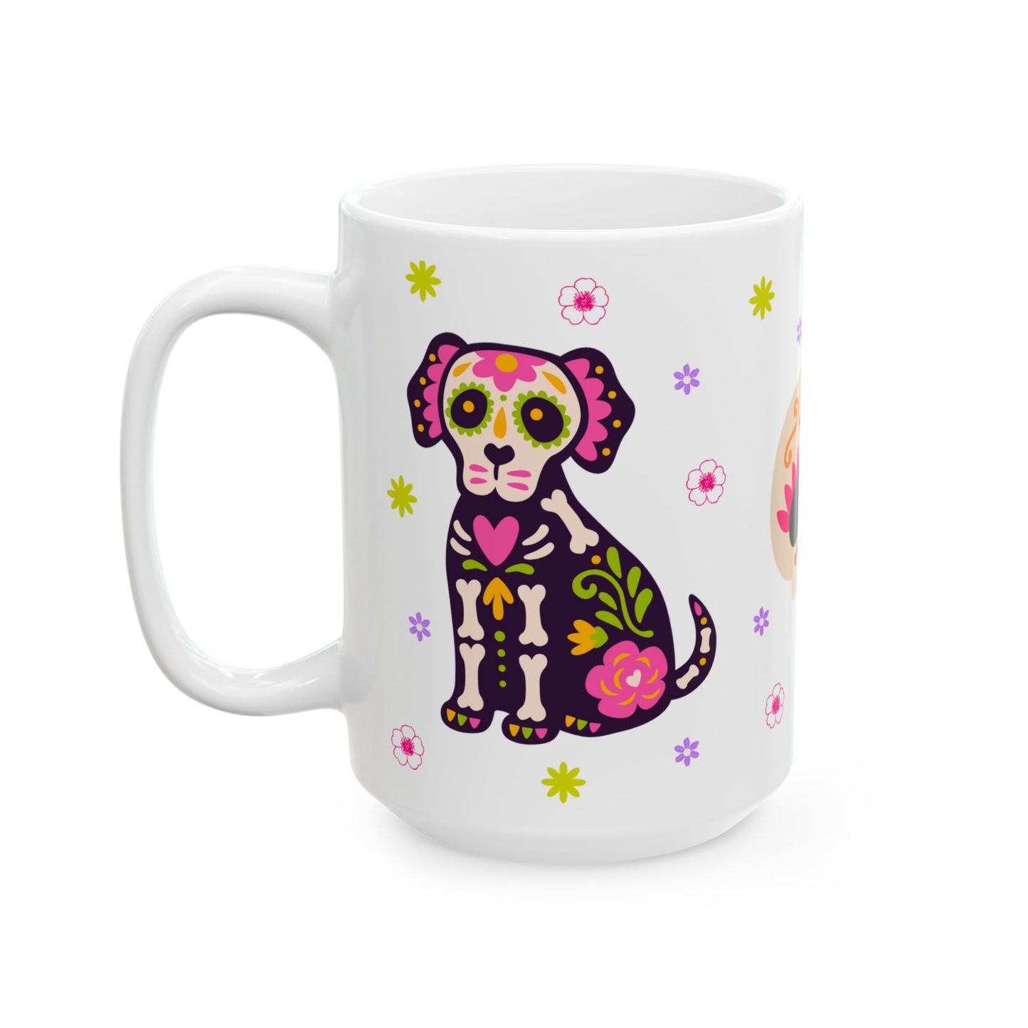 Colorful Day of the Dead Ceramic Mug, Halloween Gift, Sugar Skull Cup, Dog Lover's Mug, Festive Coffee Tea Cup