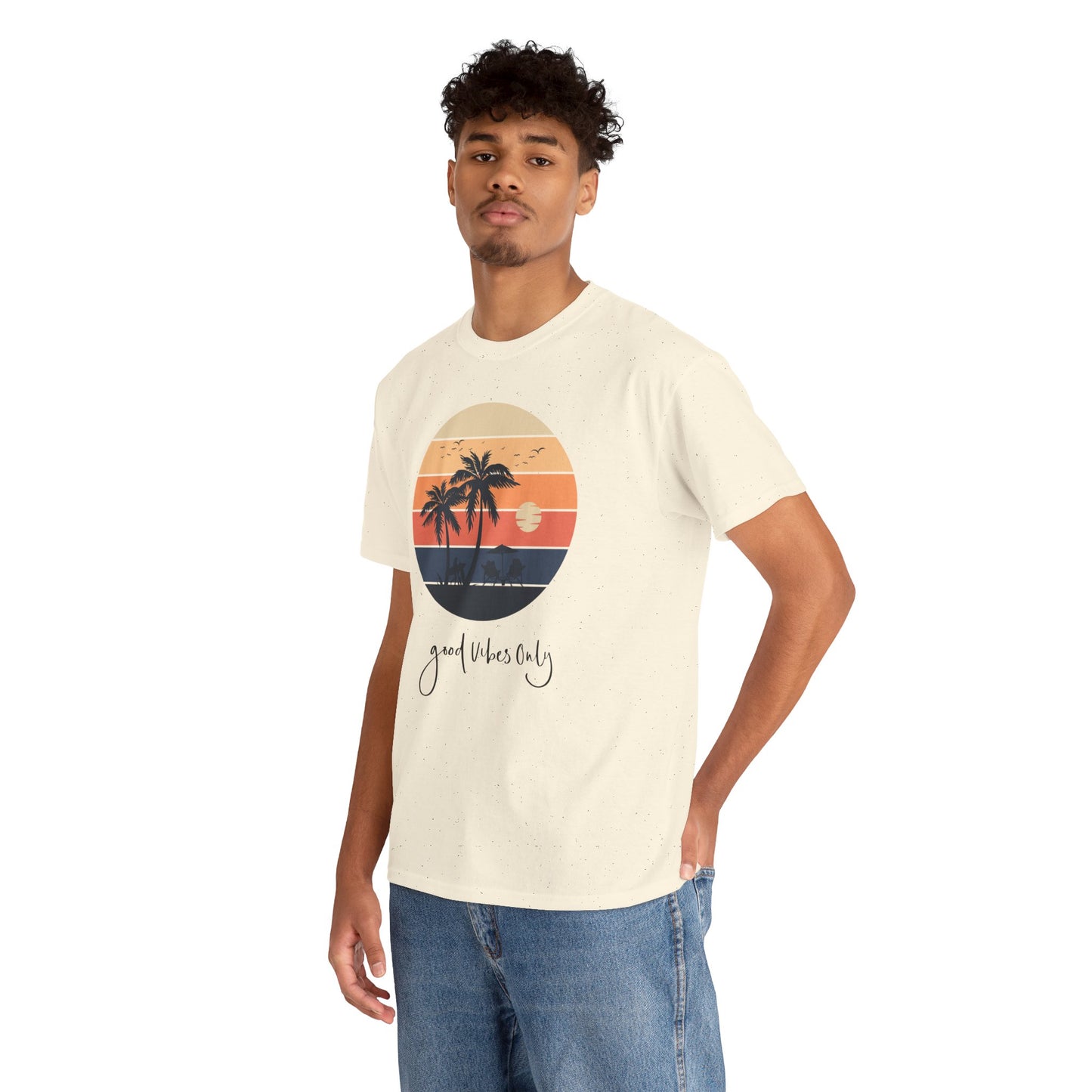 T-Shirt with Sunset Palm Graphic, Good Vibes Only Tee, Relaxed Style, Beachwear Inspiration, Summer Outfits, Vacation Casual