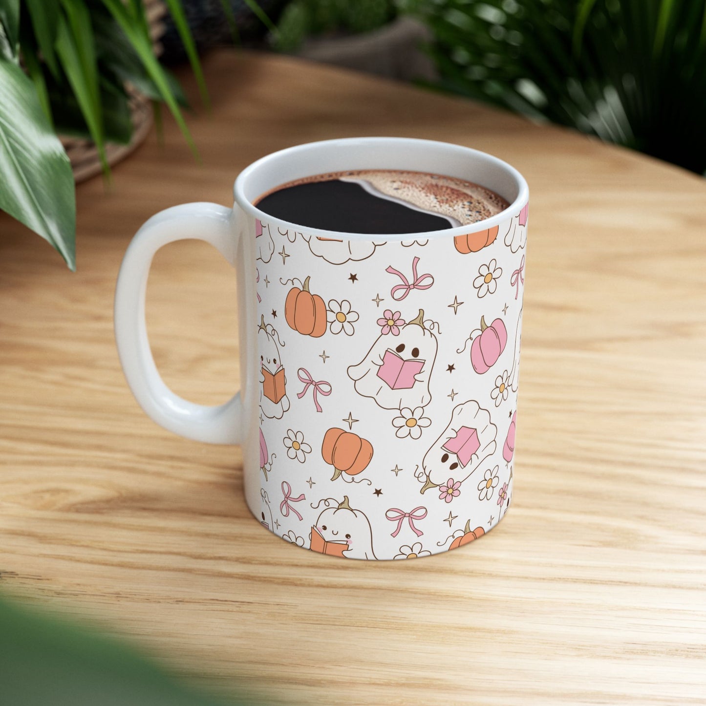 Halloween Ghost Pumpkin Pink Ceramic Mug, Trick or Treat Cup, Fall Season Coffee Mug, Halloween Decor, Autumn Tea Cup