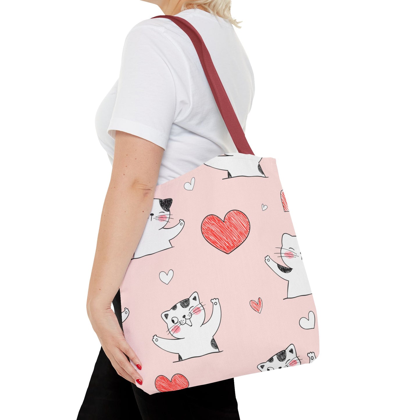 Cute Cat & Heart Canvas Tote Bag β Pink Reusable Shopping Bag for Cat Lovers