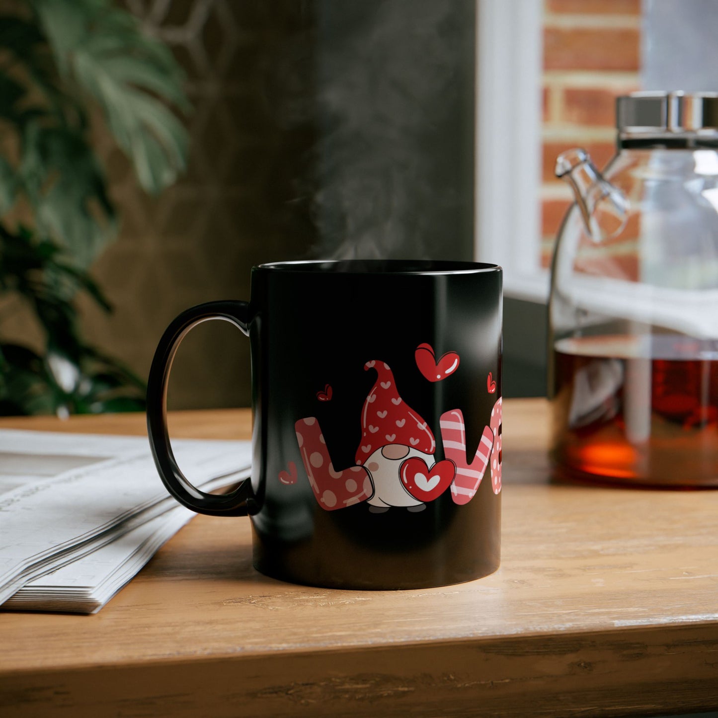 Black Valentine Gnome Mug, Red Heart Love Mug, Cute Gnome Coffee Cup, Romantic Gift for Her or Him, Valentine's Day Drinkware