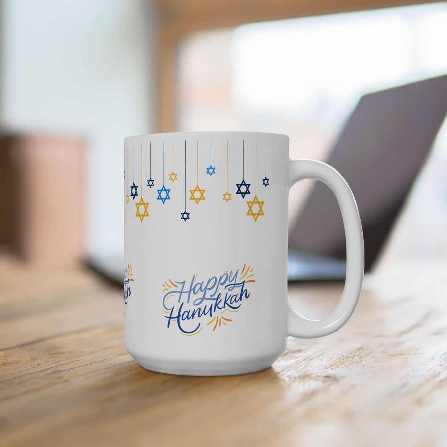 Happy Hanukkah Ceramic Mug – Blue & Gold Star of David Design, 11oz or 15oz Gift Mug 11oz or 15oz