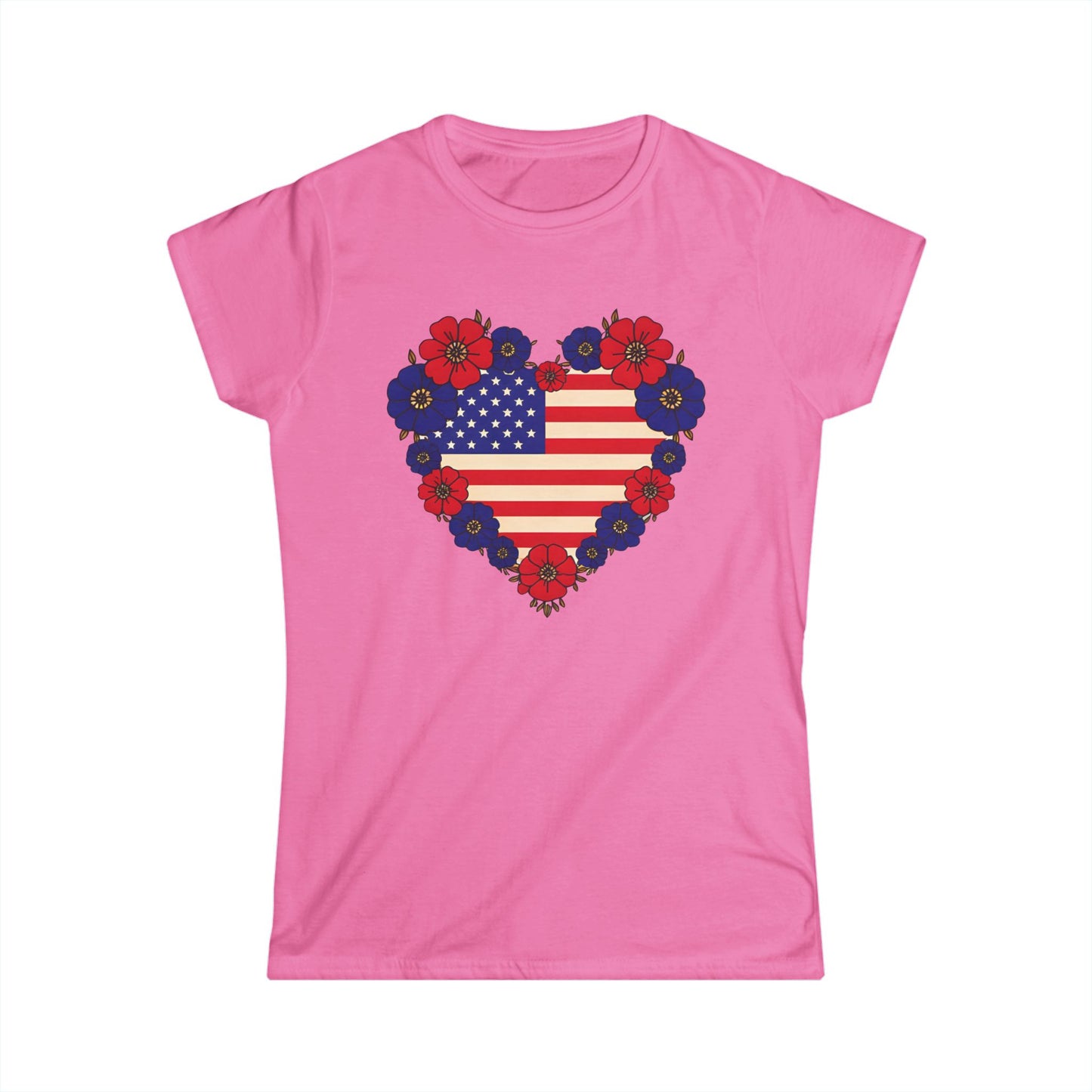 Patriotic Floral Heart Tee | Women's Softstyle USA Flag T-Shirt for Independence Day, Memorial Day, Summer Barbecues