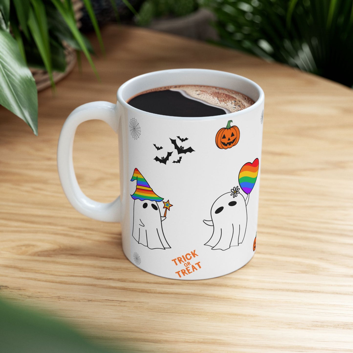 Pride Halloween Ghost Ceramic Mug, LGBTQ Coffee Mug, Rainbow Pride Tea Mug, 11oz, 15oz