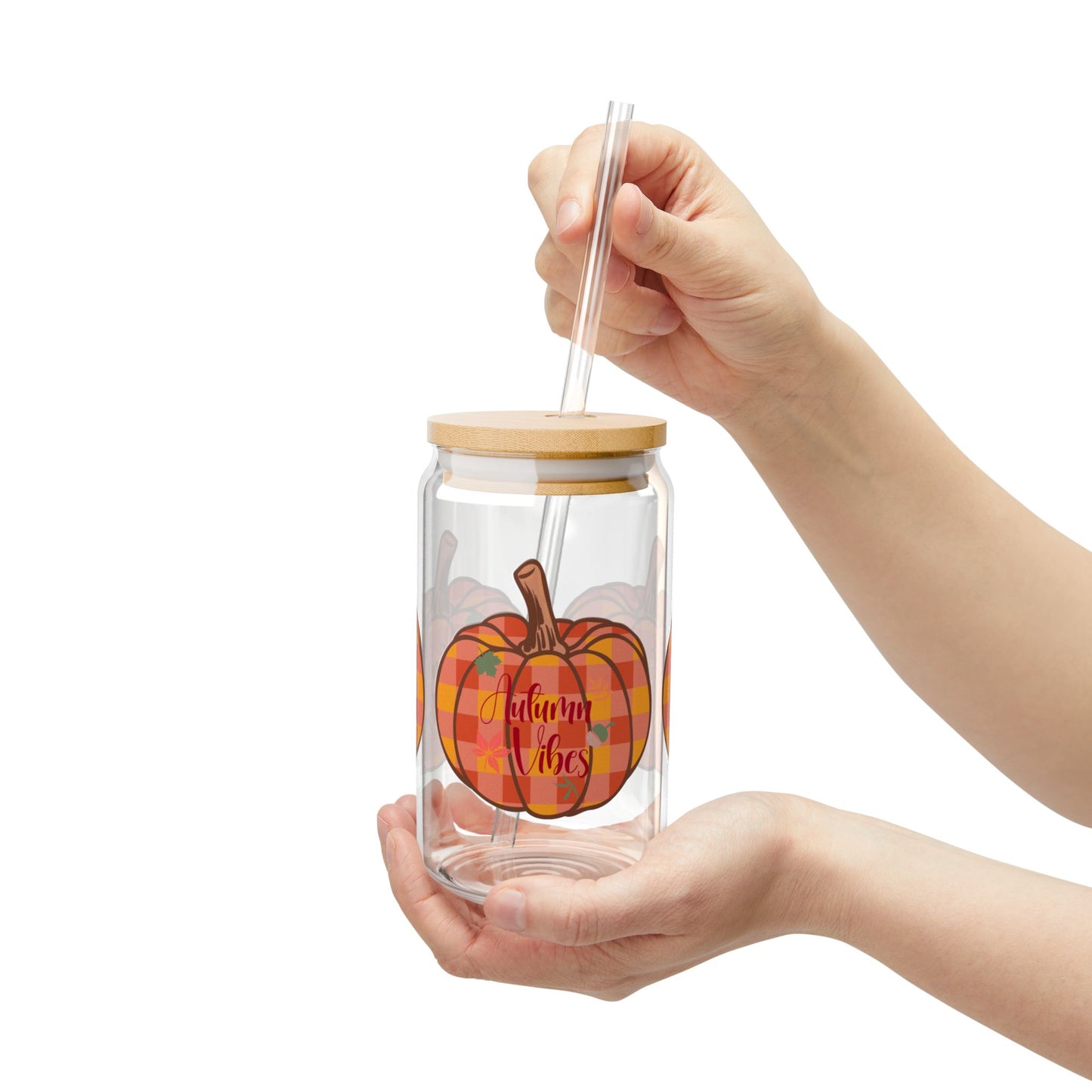 Autumn Vibes Plaid Pumpkin Sipper Glass, Fall Drinkware, Seasonal Beverage