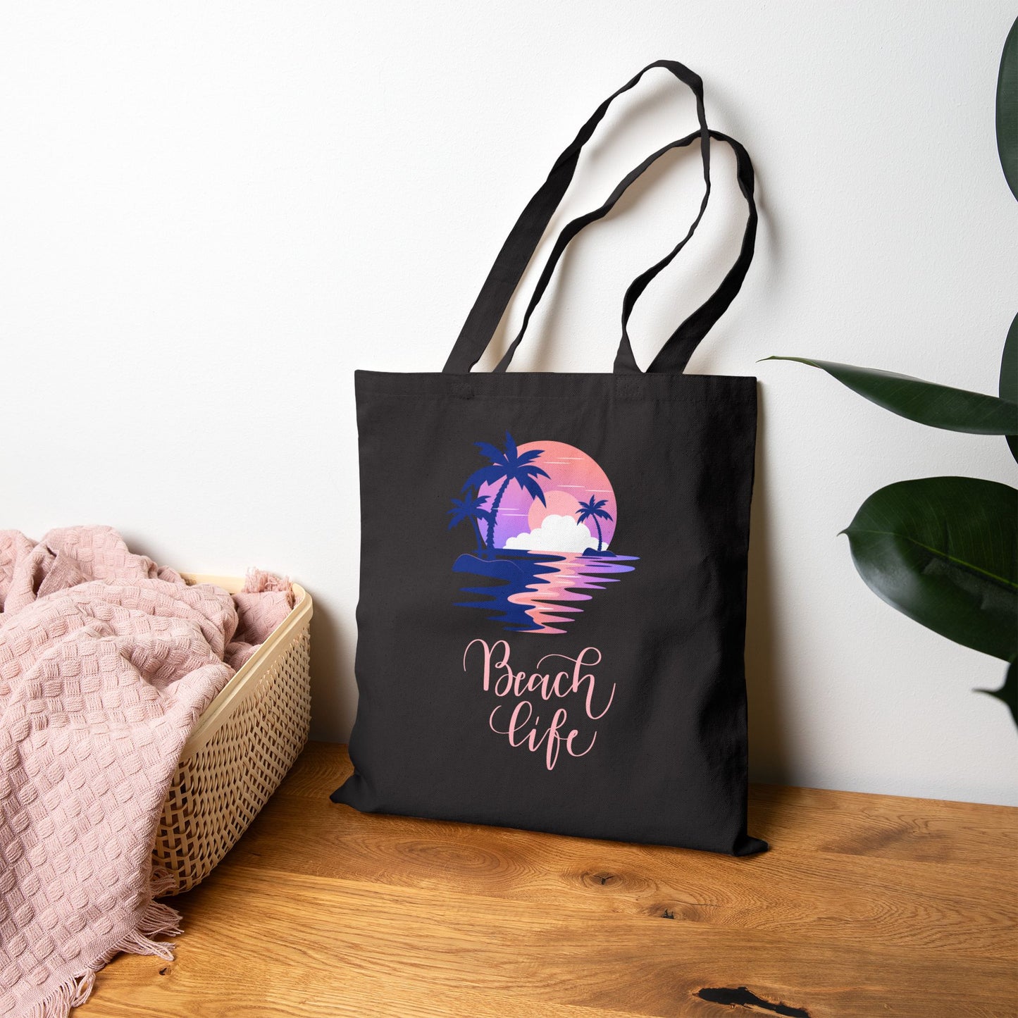 Beach Life Cotton Canvas Tote Bag – Coastal Palm Sunset Design
