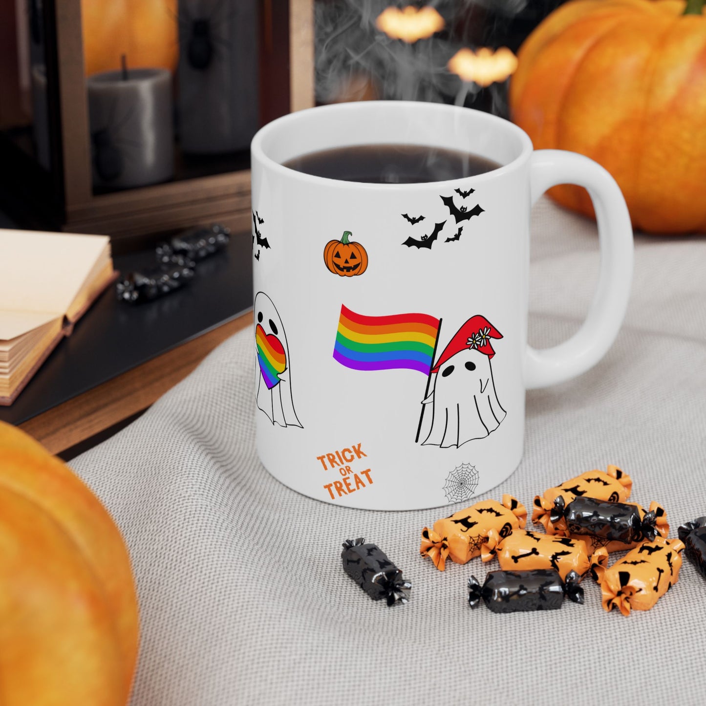 Pride Halloween Ghost Ceramic Mug, LGBTQ Coffee Mug, Rainbow Pride Tea Mug, 11oz, 15oz