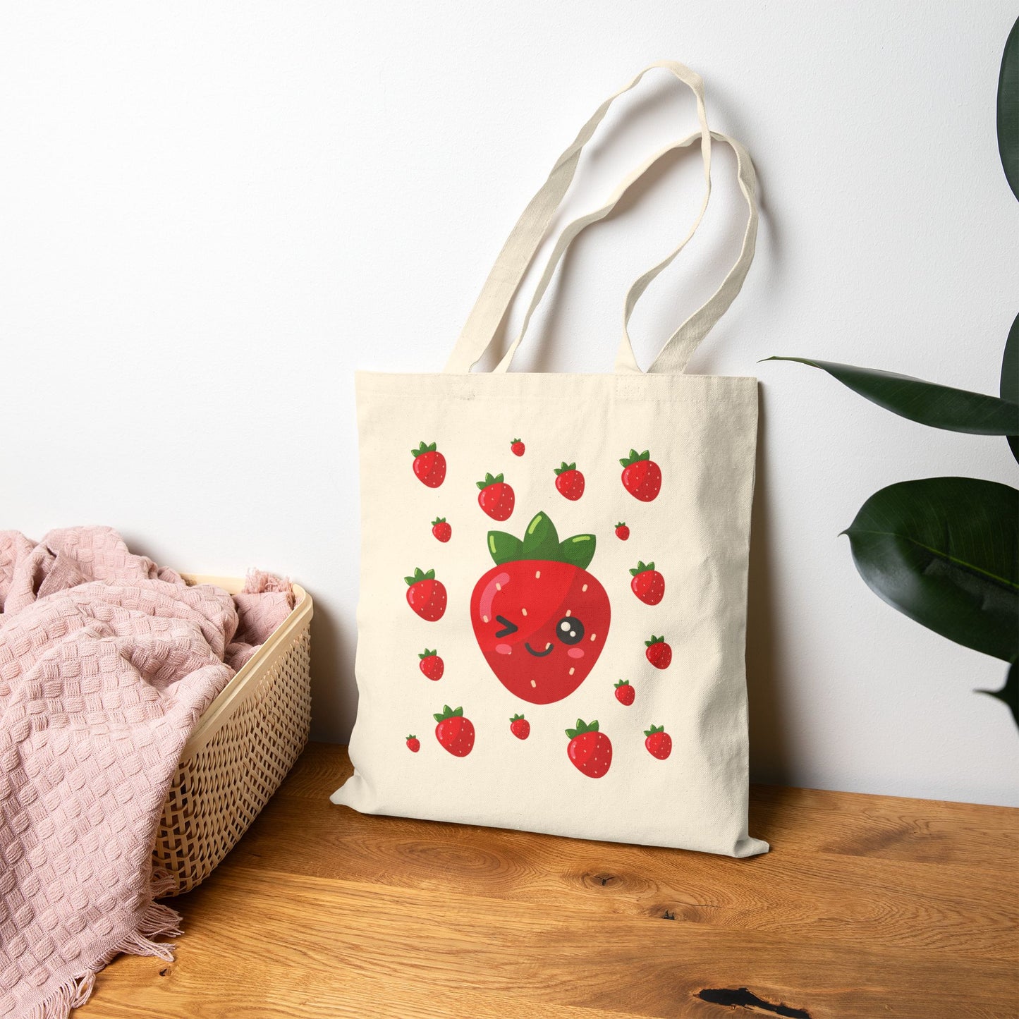 Kawaii Strawberry Canvas Tote Bag, Eco-Friendly Shopping Bag, Cute Tote for Groceries, Beach, or School, Gift for Fruit Lovers