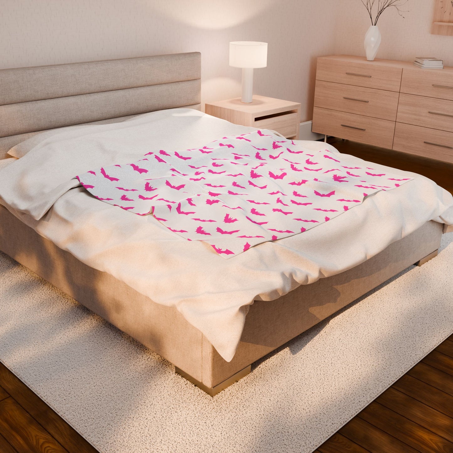Pink Bat Blanket, White Plush Throw Blanket, Cute Halloween Blanket, Cozy Soft Bat Decor Gift
